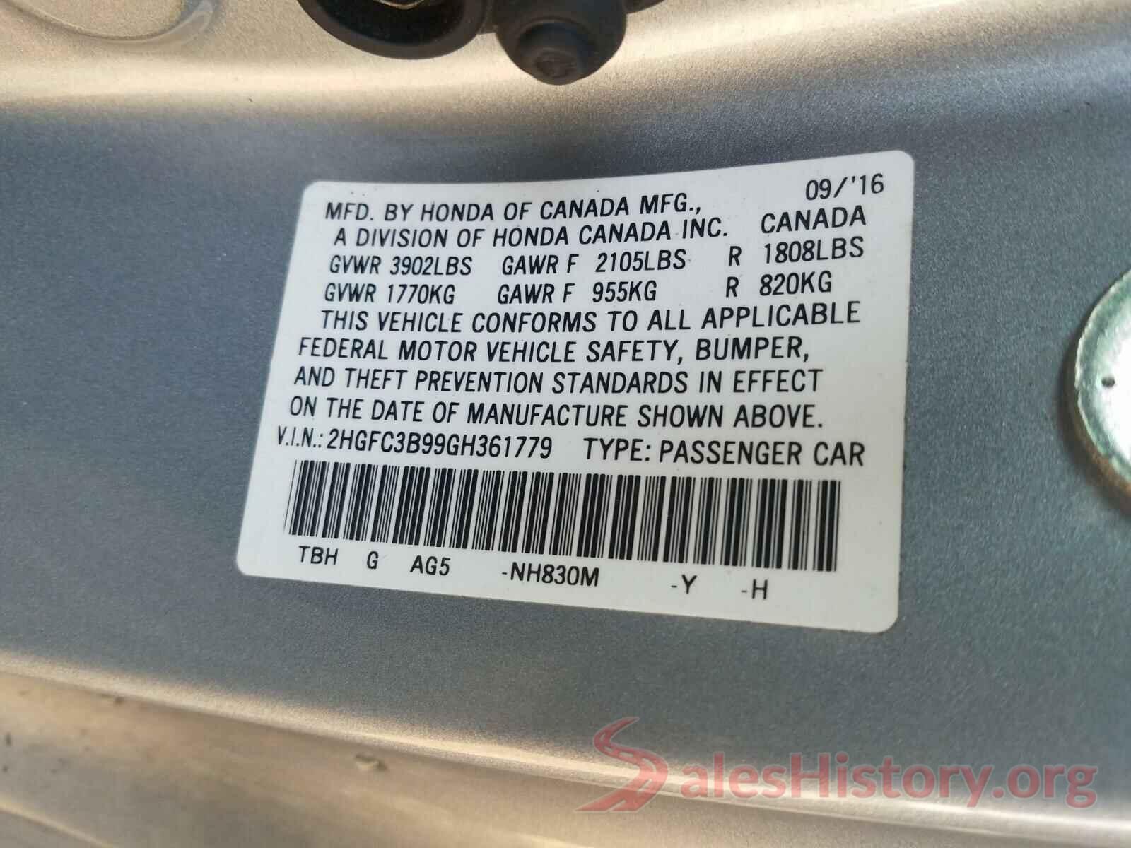 2HGFC3B99GH361779 2016 HONDA CIVIC