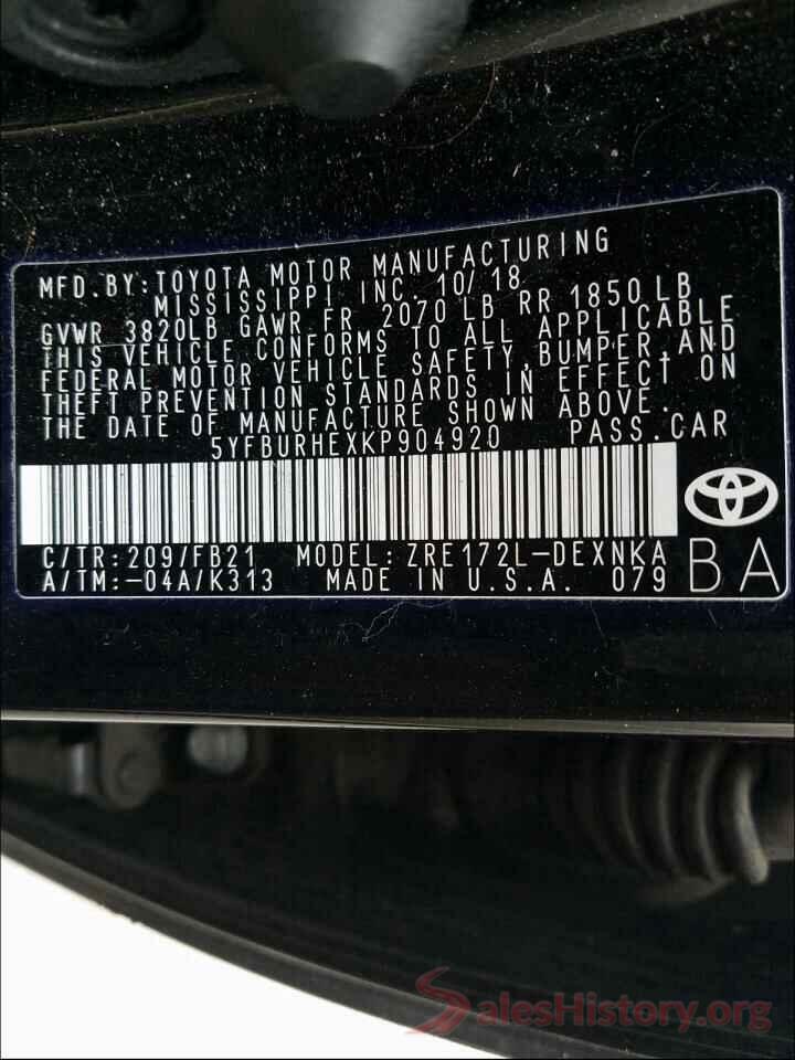 5YFBURHEXKP904920 2019 TOYOTA COROLLA