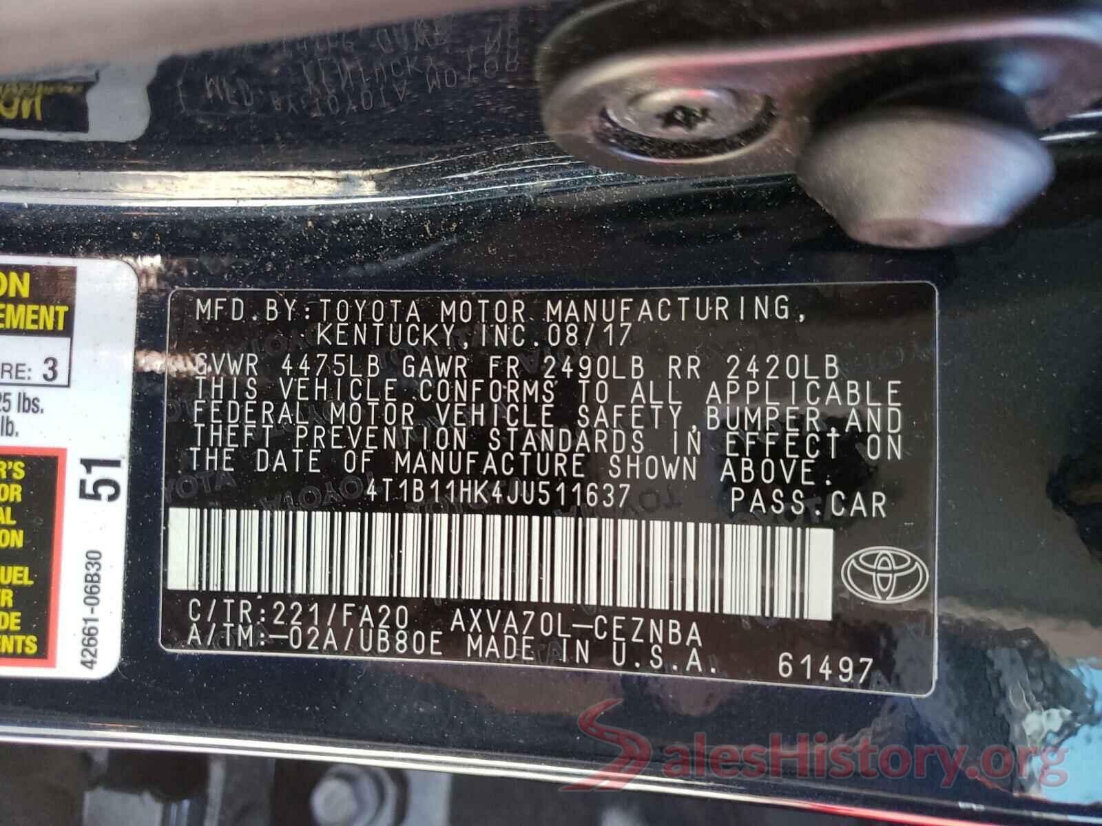 4T1B11HK4JU511637 2018 TOYOTA CAMRY