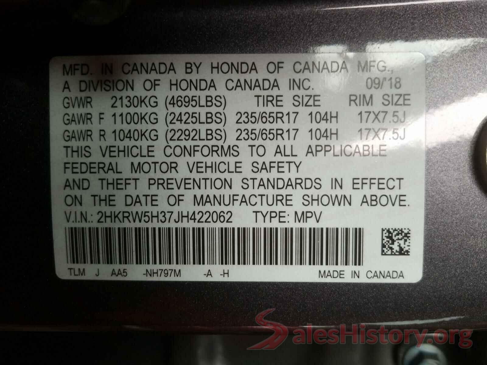 2HKRW5H37JH422062 2018 HONDA CRV