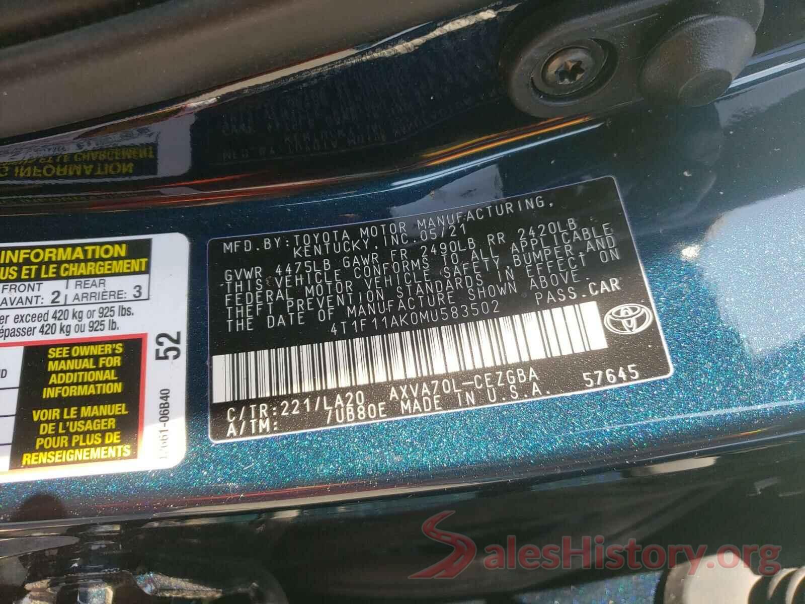 4T1F11AK0MU583502 2021 TOYOTA CAMRY