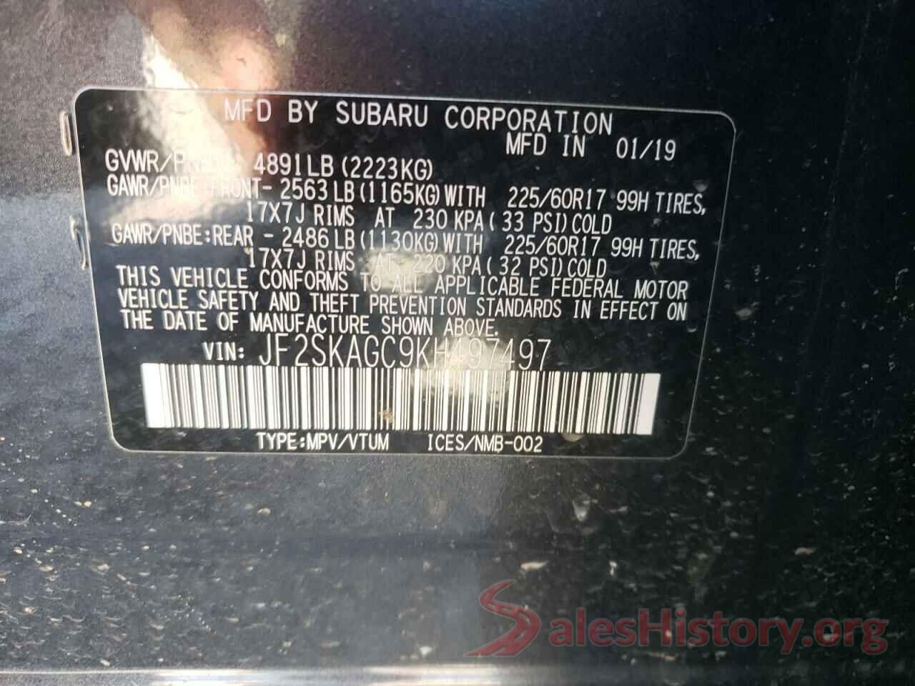 JF2SKAGC9KH497497 2019 SUBARU FORESTER