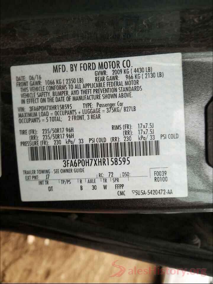 3FA6P0H7XHR158595 2017 FORD FUSION