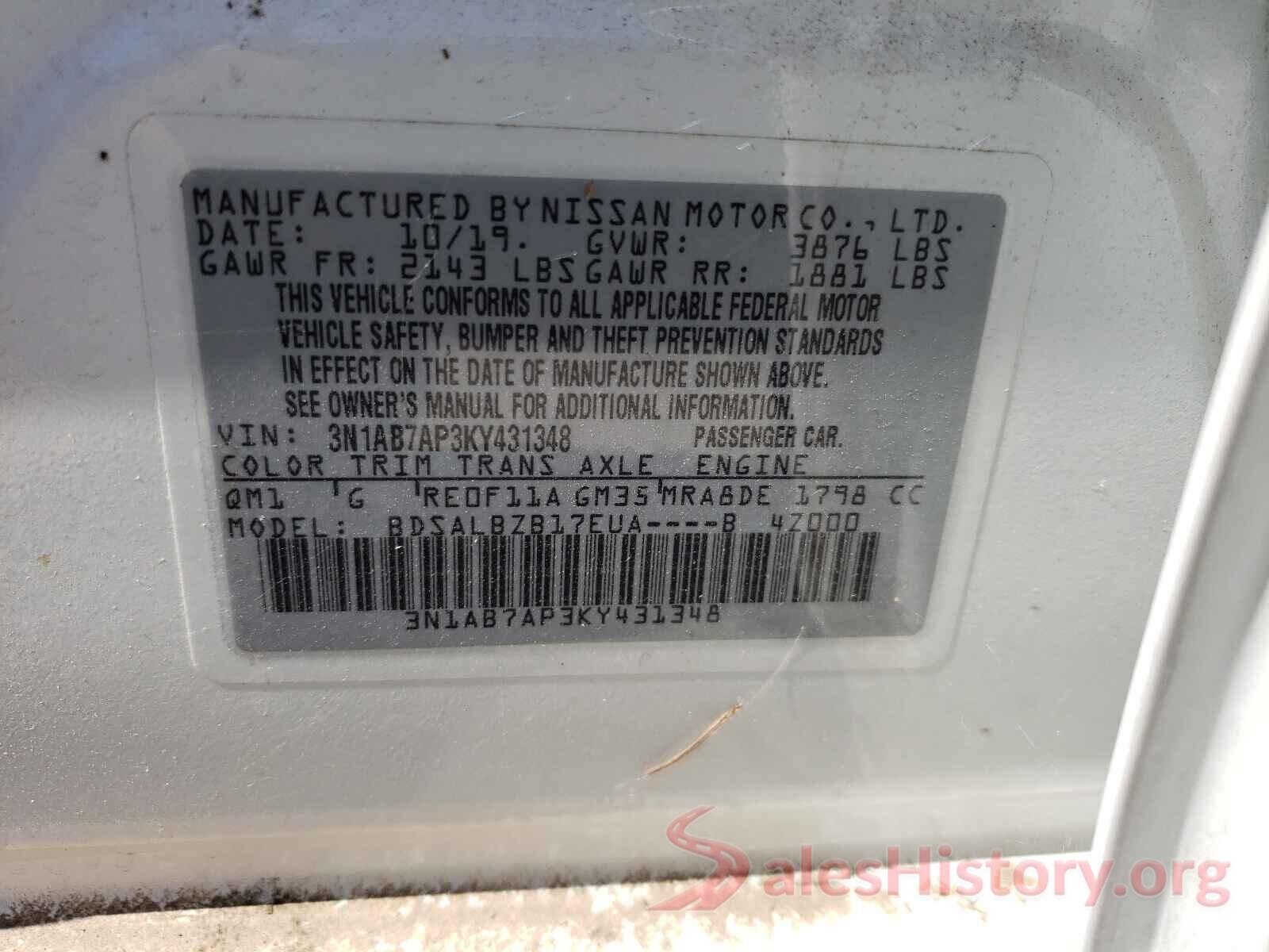 3N1AB7AP3KY431348 2019 NISSAN SENTRA