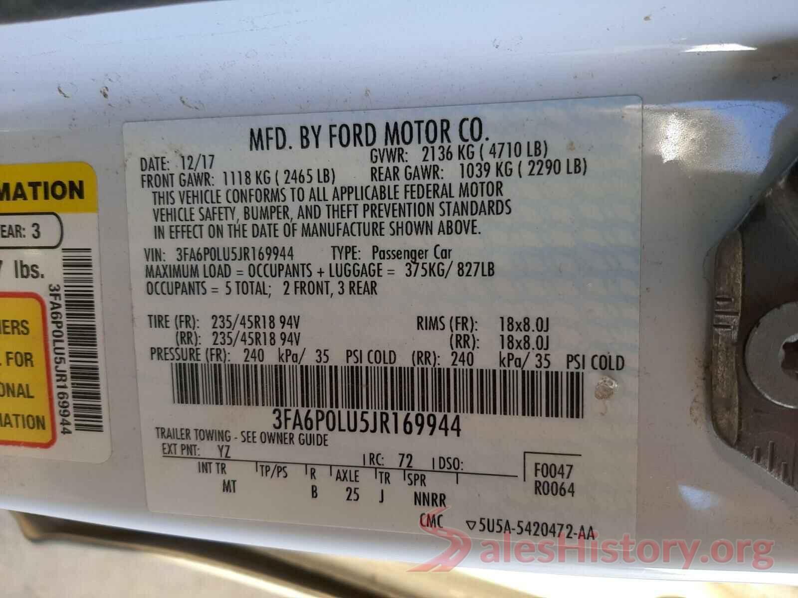 3FA6P0LU5JR169944 2018 FORD FUSION