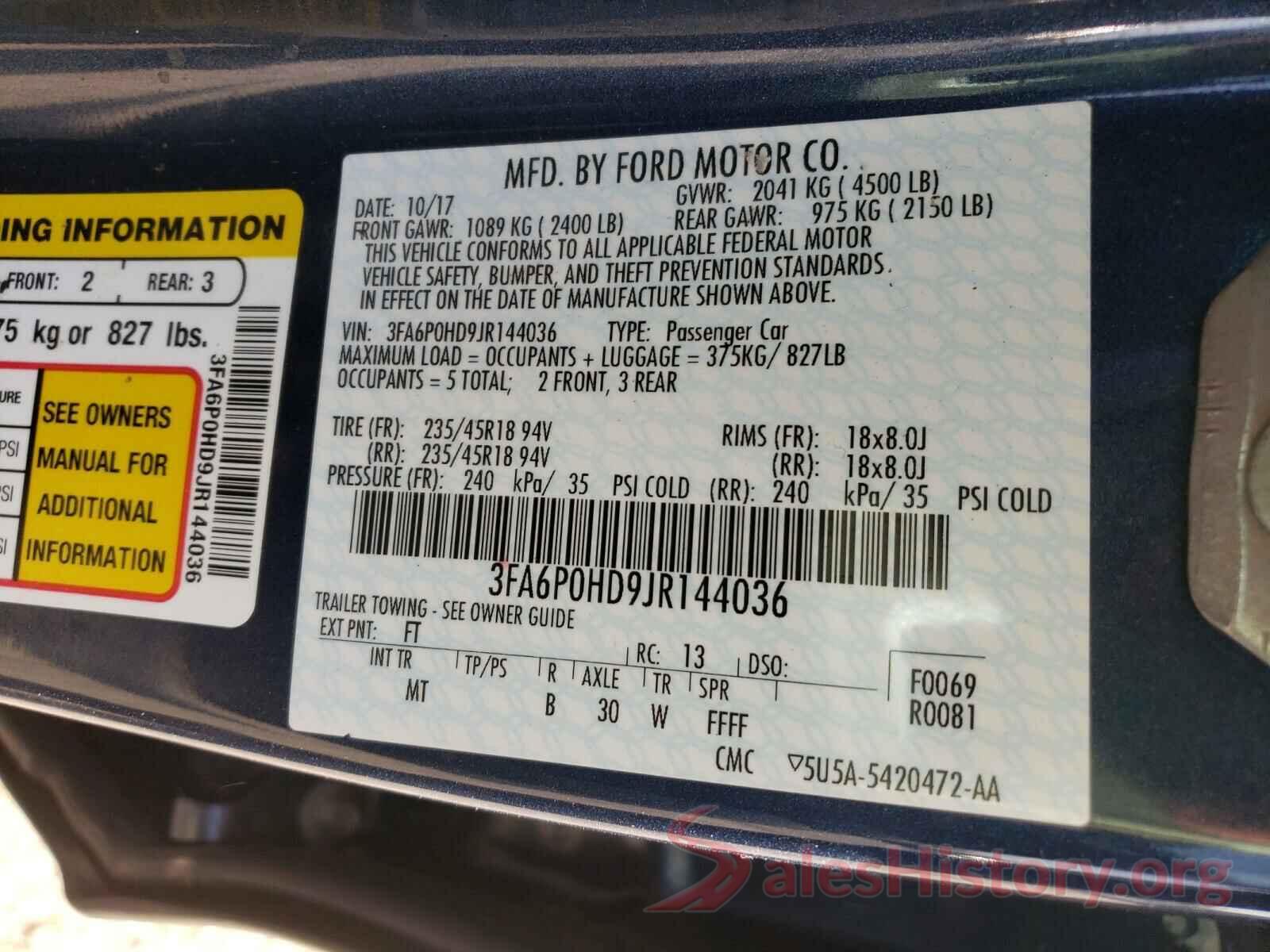 3FA6P0HD9JR144036 2018 FORD FUSION