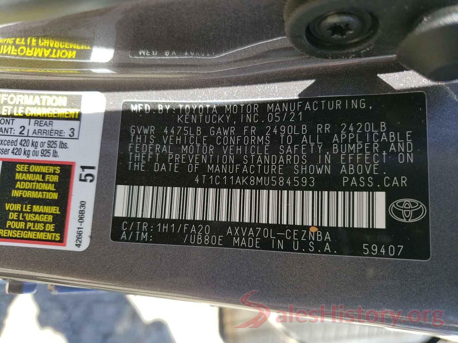 4T1C11AK8MU584593 2021 TOYOTA CAMRY