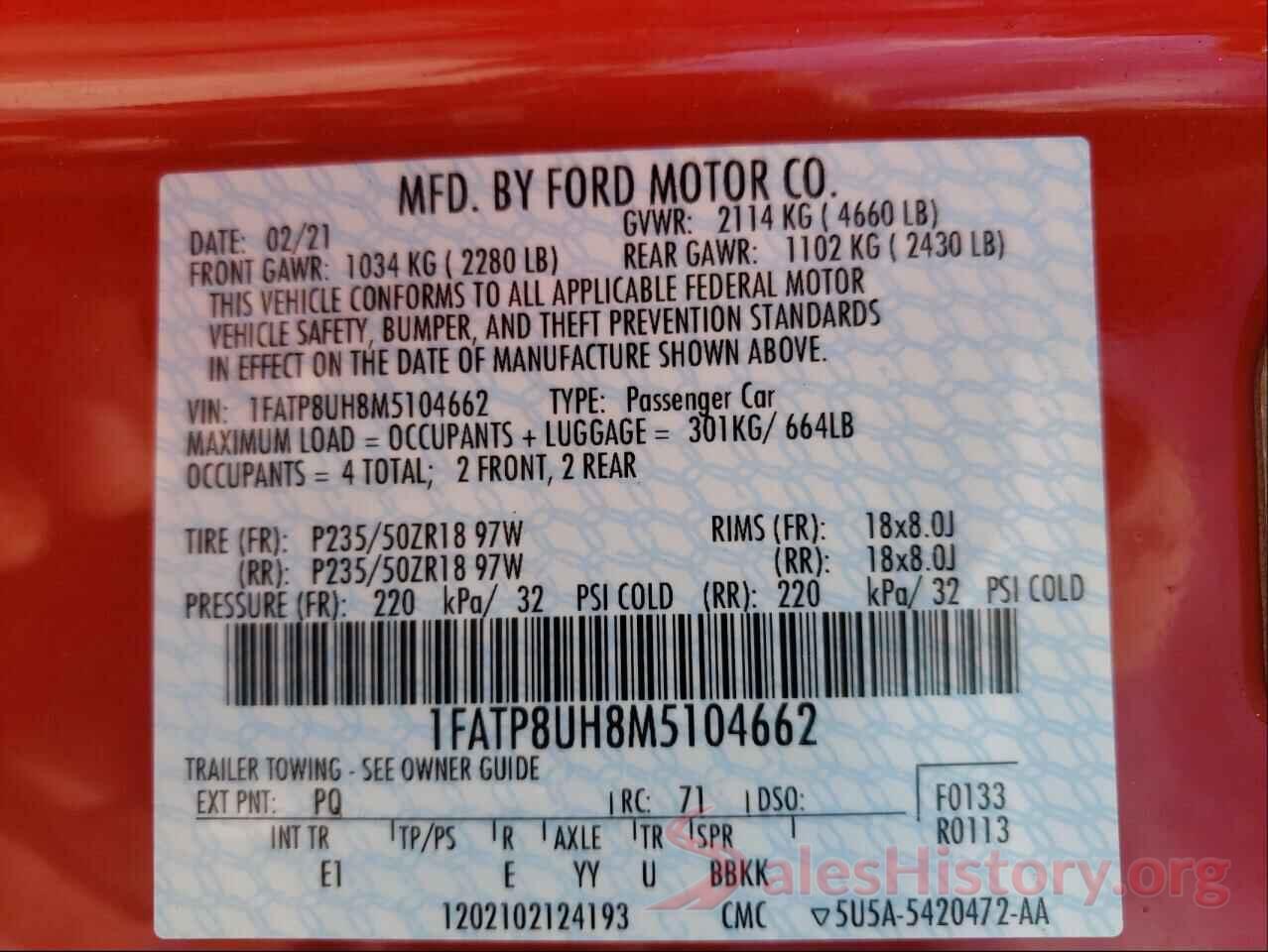 1FATP8UH8M5104662 2021 FORD MUSTANG