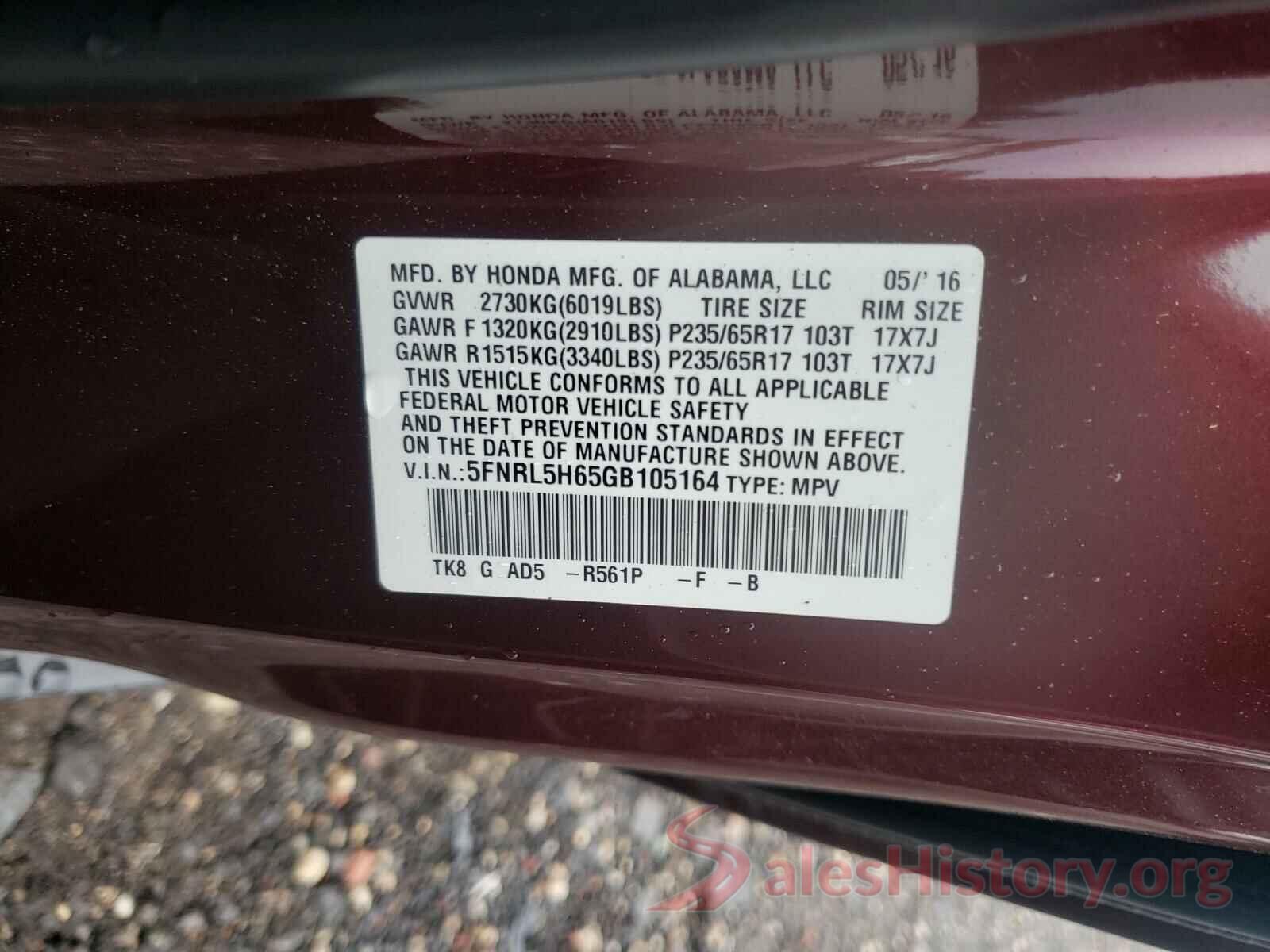 5FNRL5H65GB105164 2016 HONDA ODYSSEY