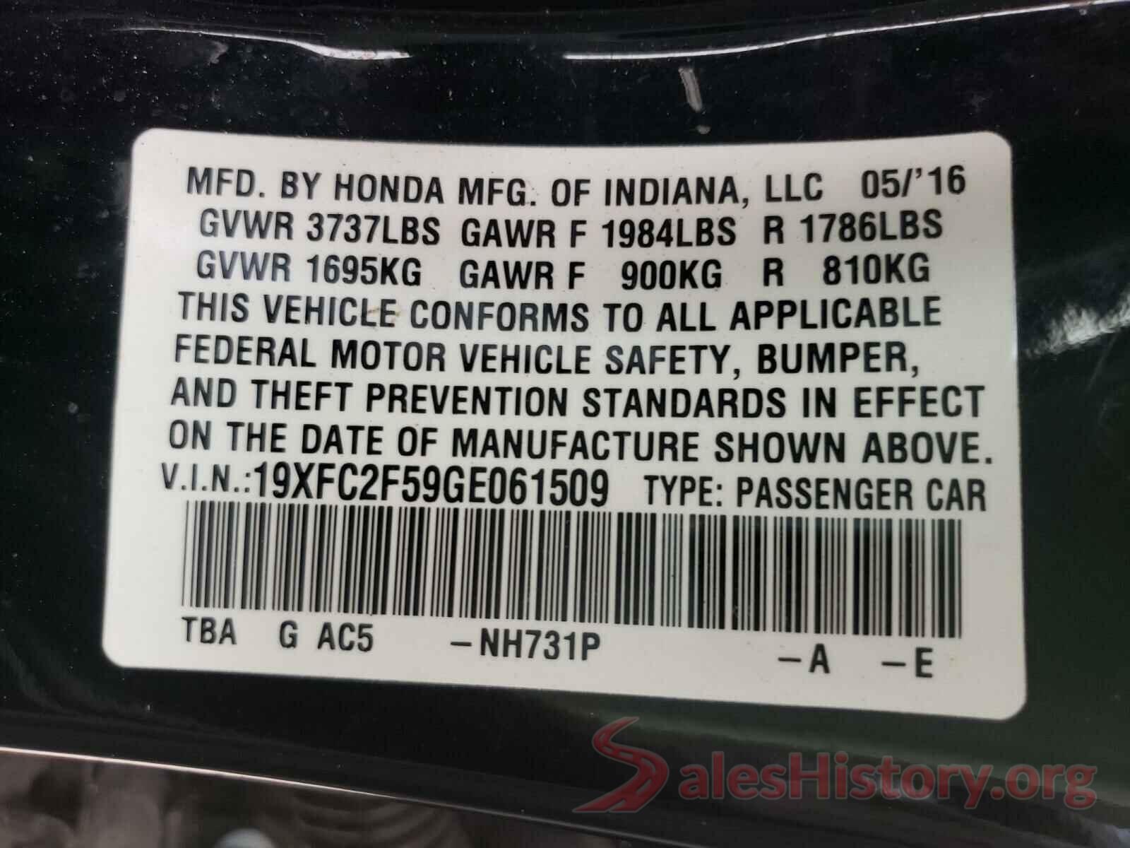 19XFC2F59GE061509 2016 HONDA CIVIC