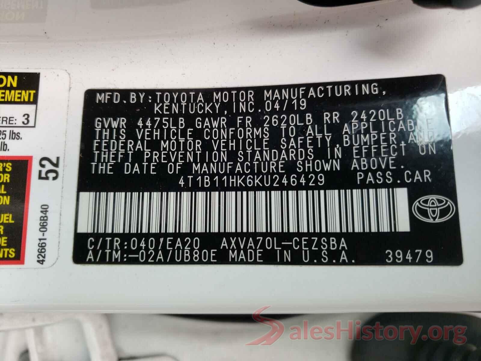 4T1B11HK6KU246429 2019 TOYOTA CAMRY