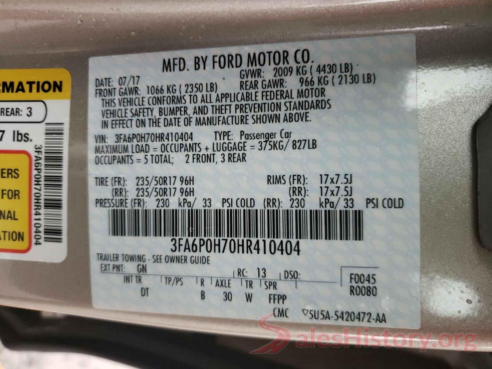 3FA6P0H70HR410404 2017 FORD FUSION