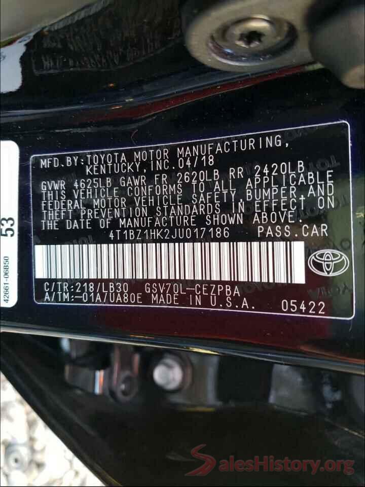 4T1BZ1HK2JU017186 2018 TOYOTA CAMRY