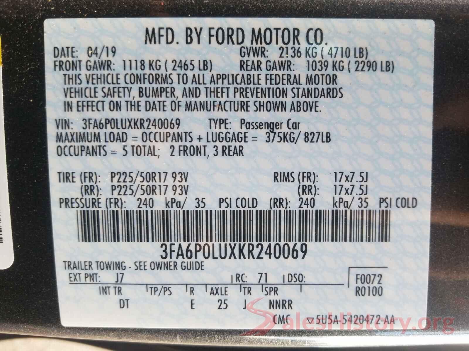 3FA6P0LUXKR240069 2019 FORD FUSION