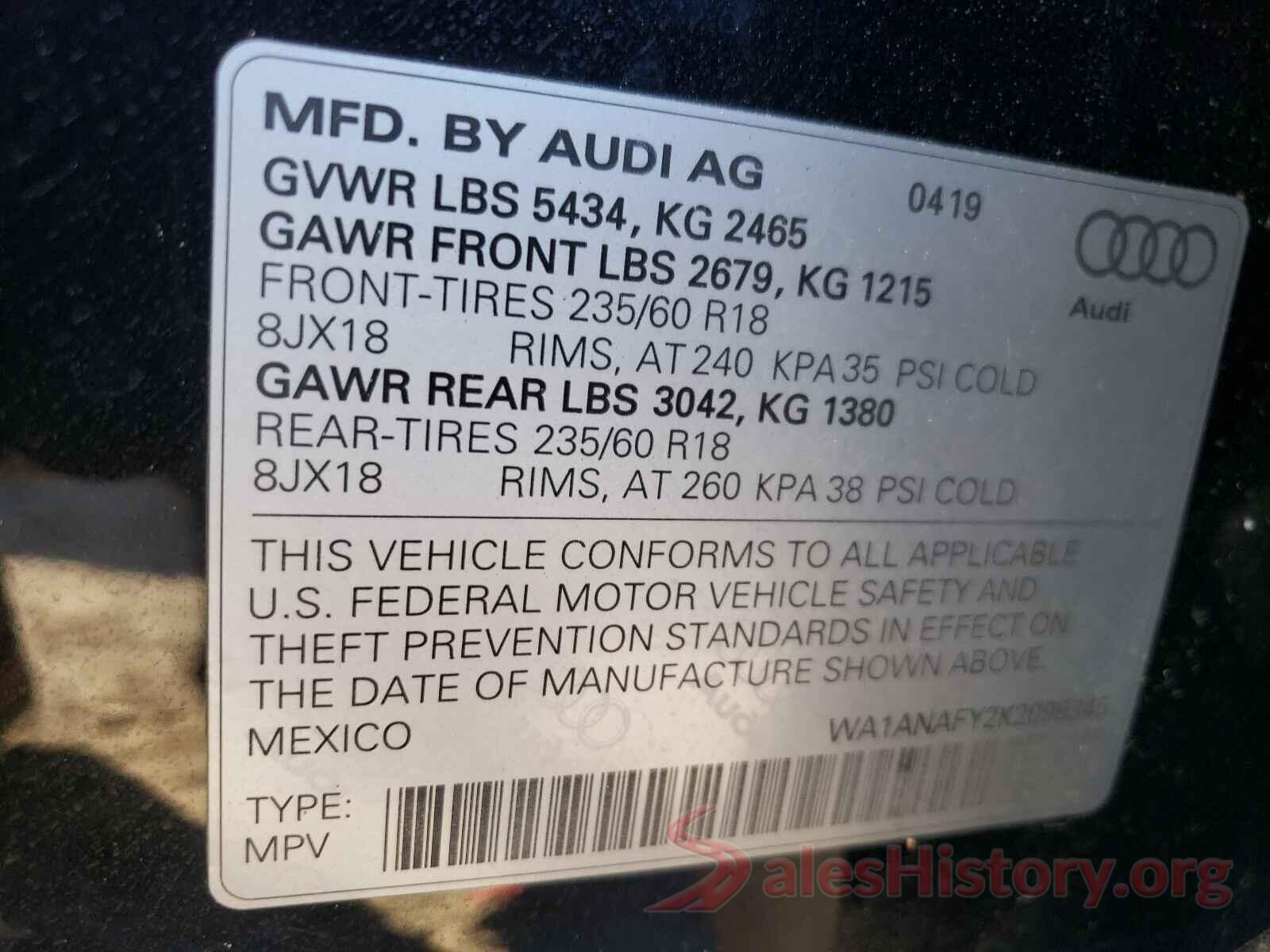 WA1ANAFY2K2098345 2019 AUDI Q5