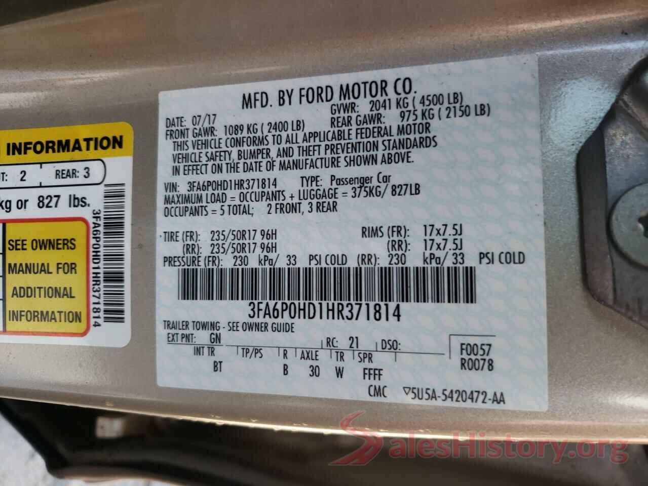 3FA6P0HD1HR371814 2017 FORD FUSION