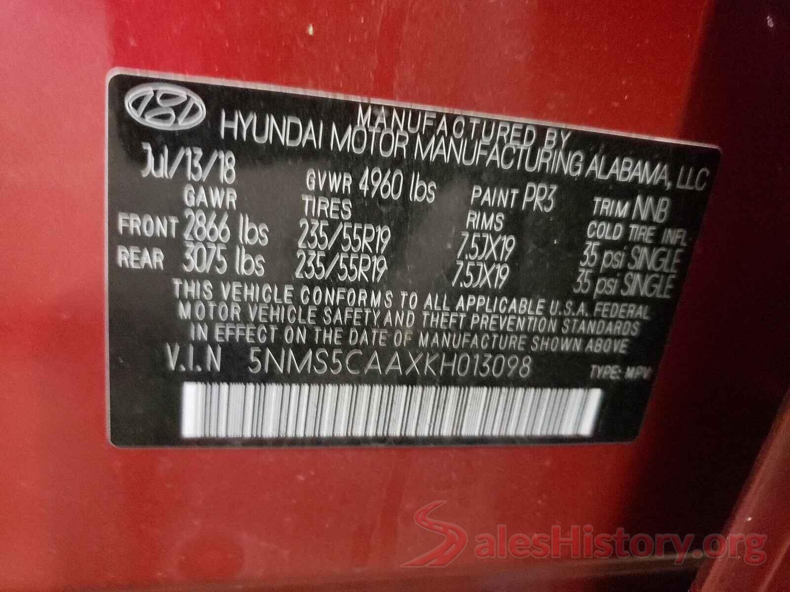 5NMS5CAAXKH013098 2019 HYUNDAI SANTA FE