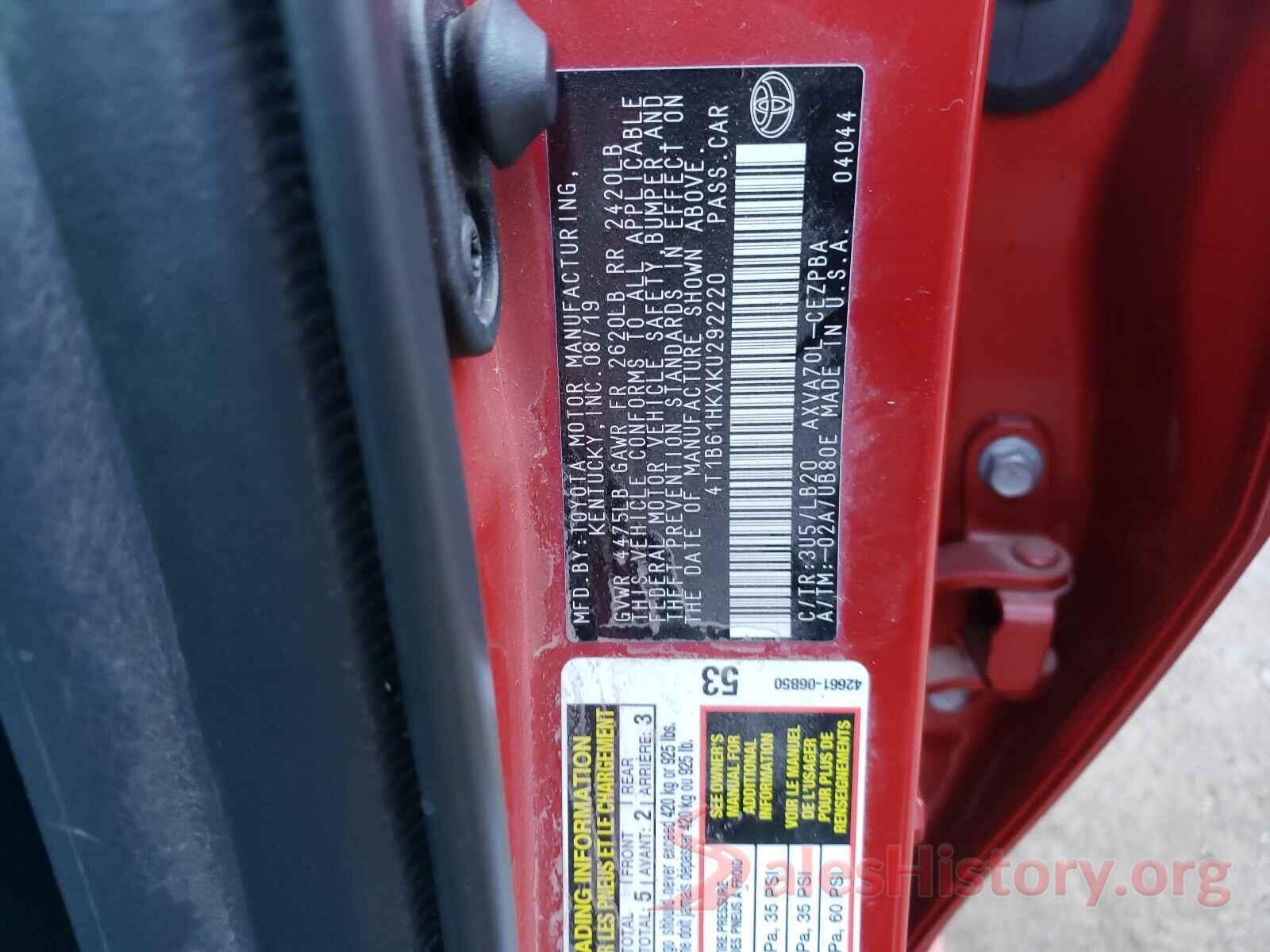 4T1B61HKXKU292220 2019 TOYOTA CAMRY