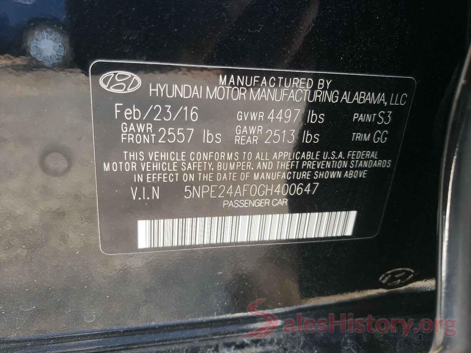 5NPE24AF0GH400647 2016 HYUNDAI SONATA