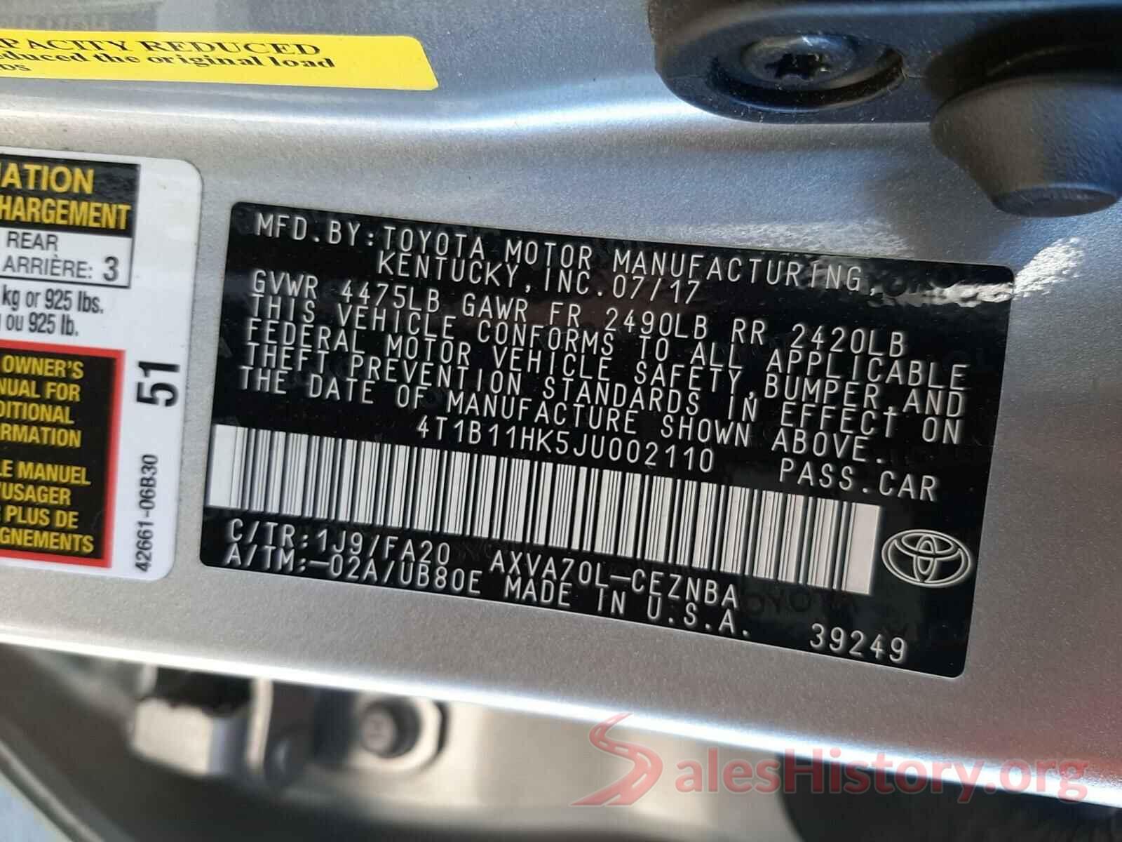 4T1B11HK5JU002110 2018 TOYOTA CAMRY