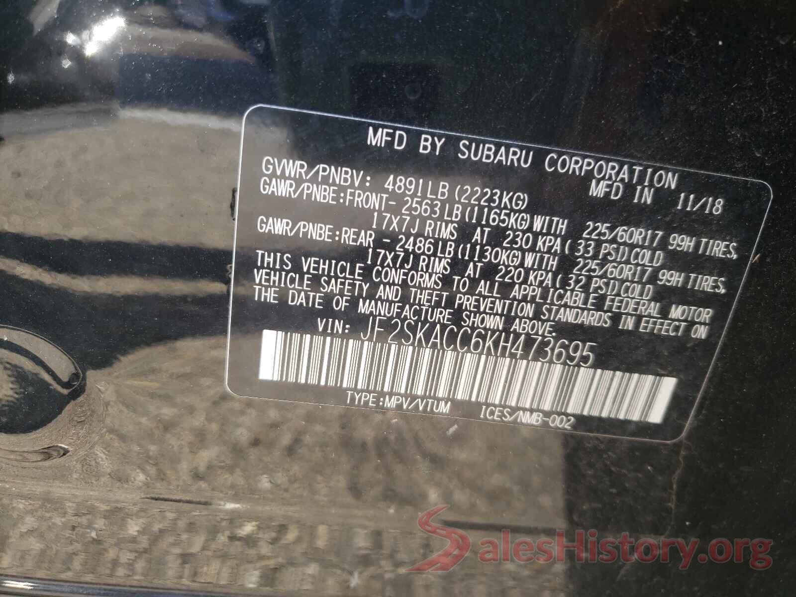 JF2SKACC6KH473695 2019 SUBARU FORESTER