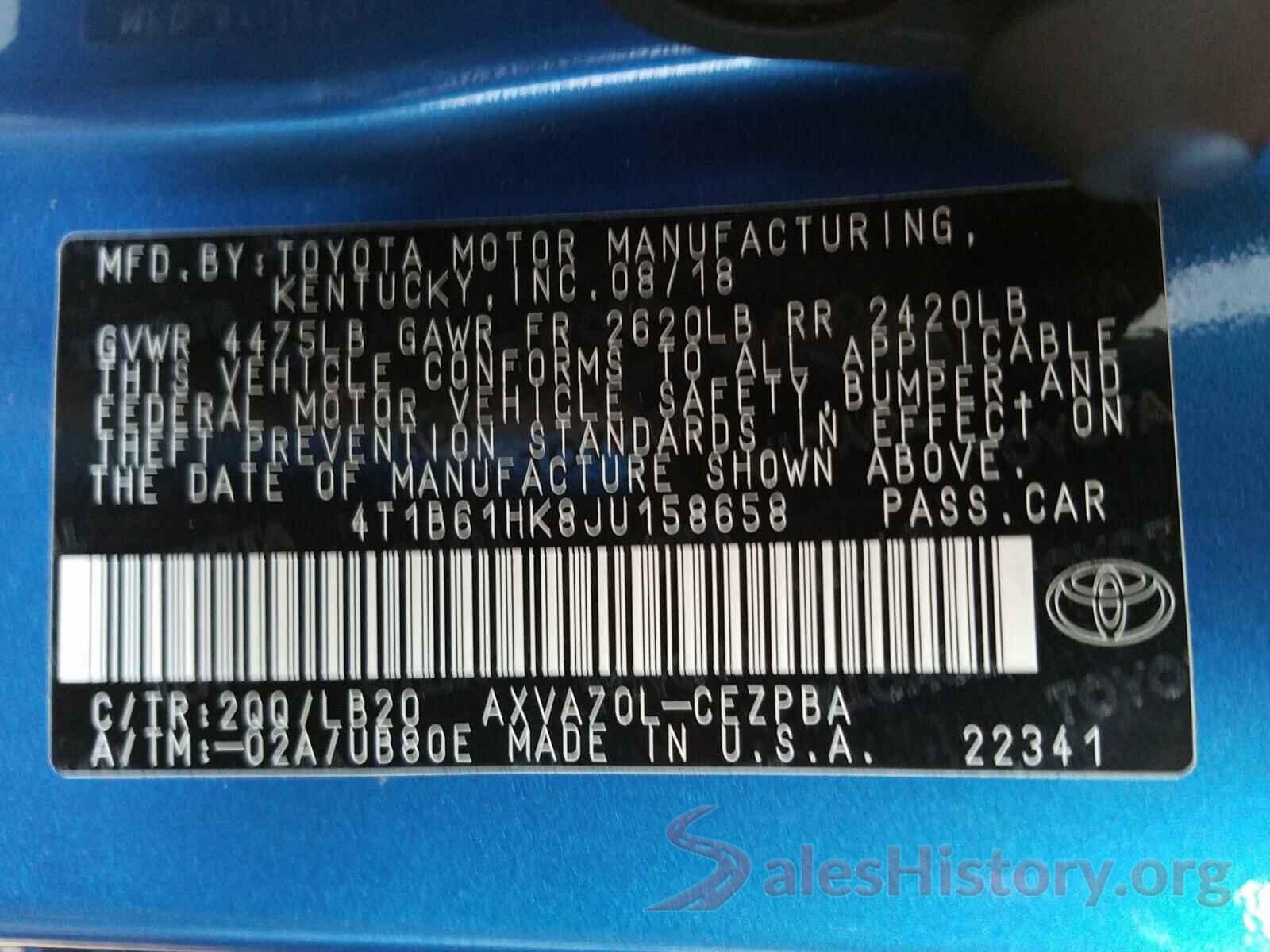 4T1B61HK8JU158658 2018 TOYOTA CAMRY