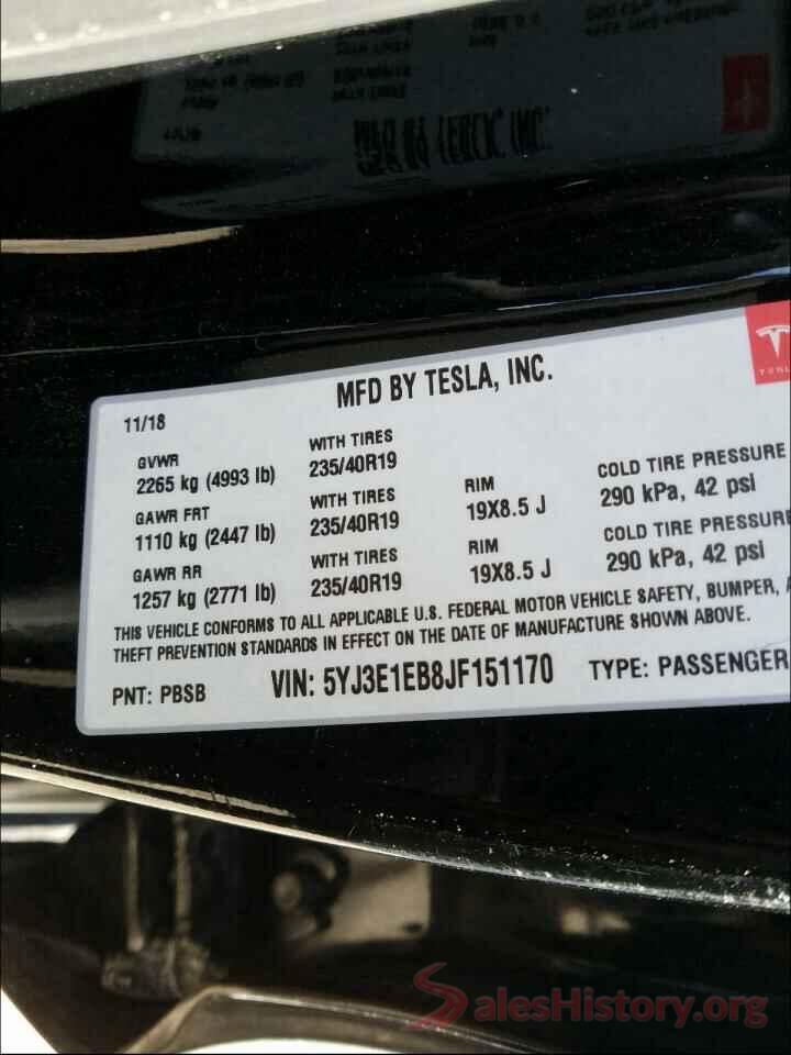 5YJ3E1EB8JF151170 2018 TESLA MODEL 3