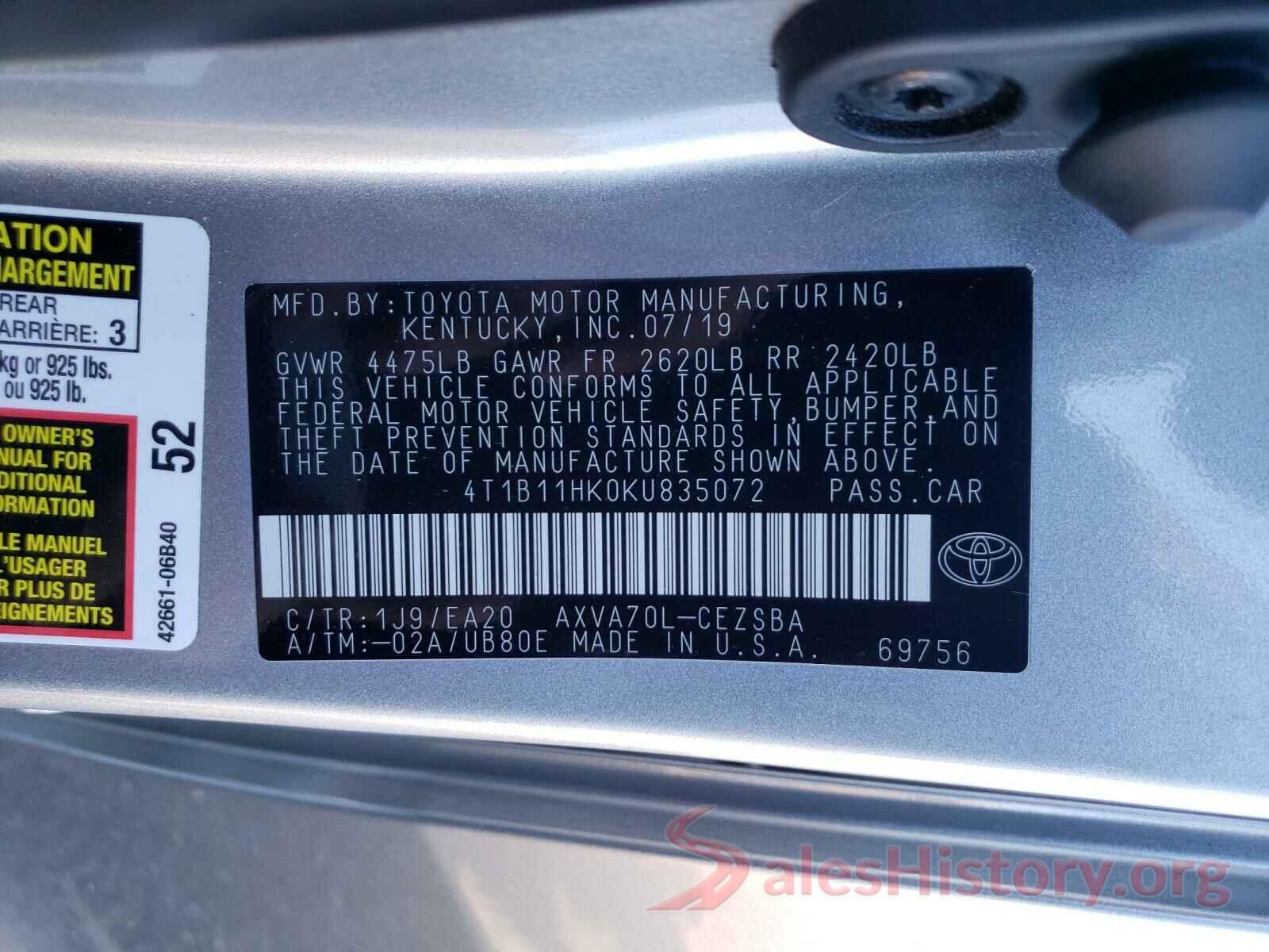 4T1B11HK0KU835072 2019 TOYOTA CAMRY