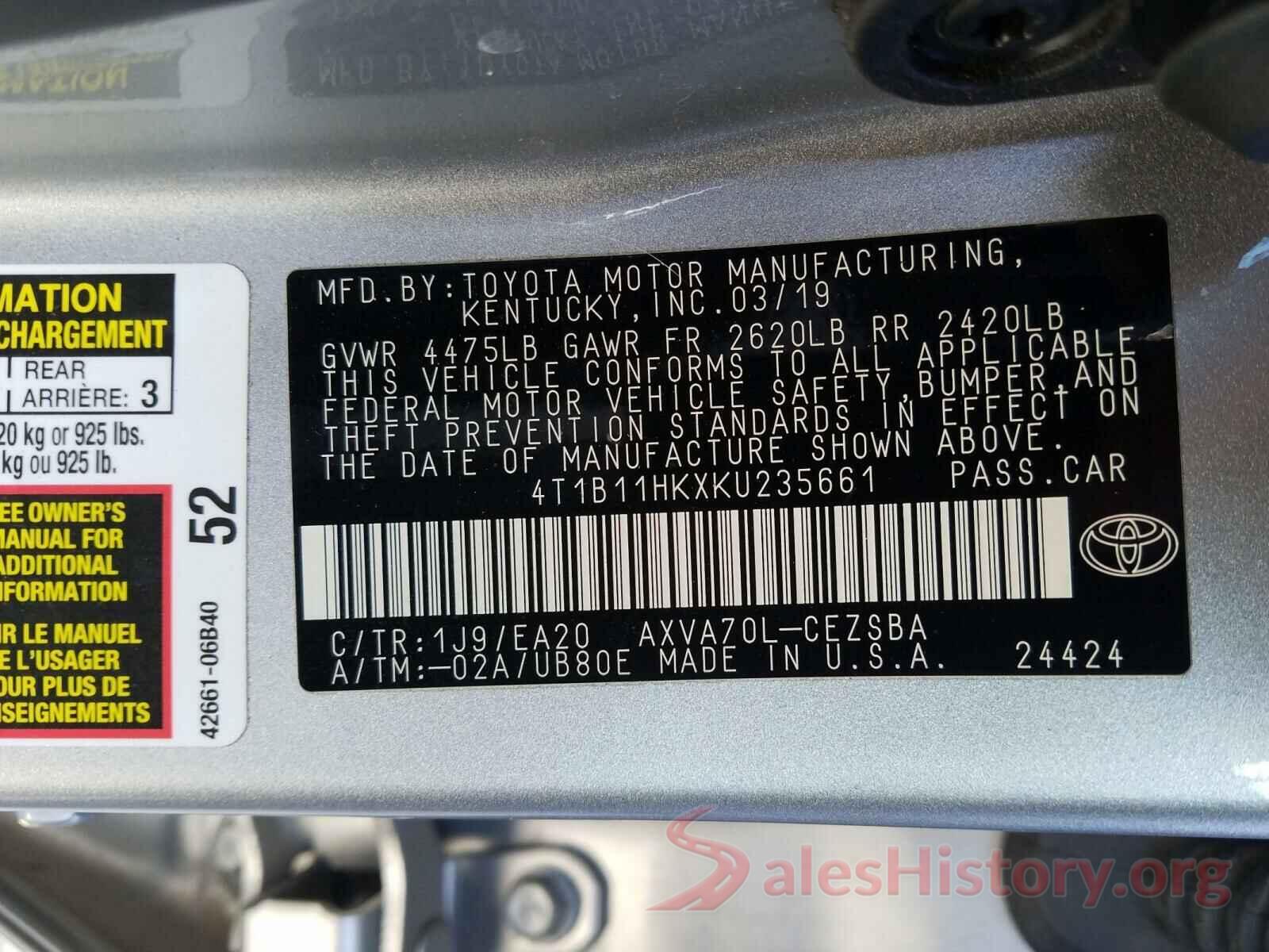 4T1B11HKXKU235661 2019 TOYOTA CAMRY