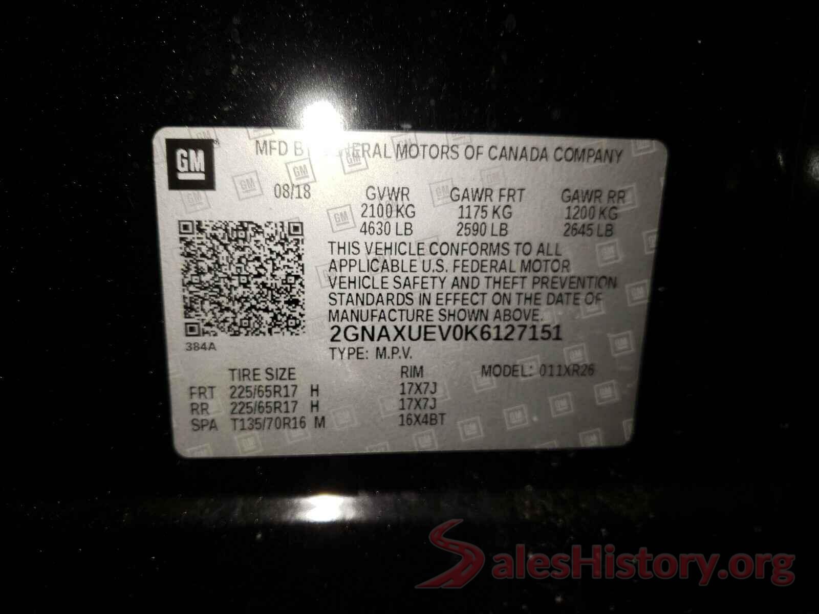 2GNAXUEV0K6127151 2019 CHEVROLET EQUINOX