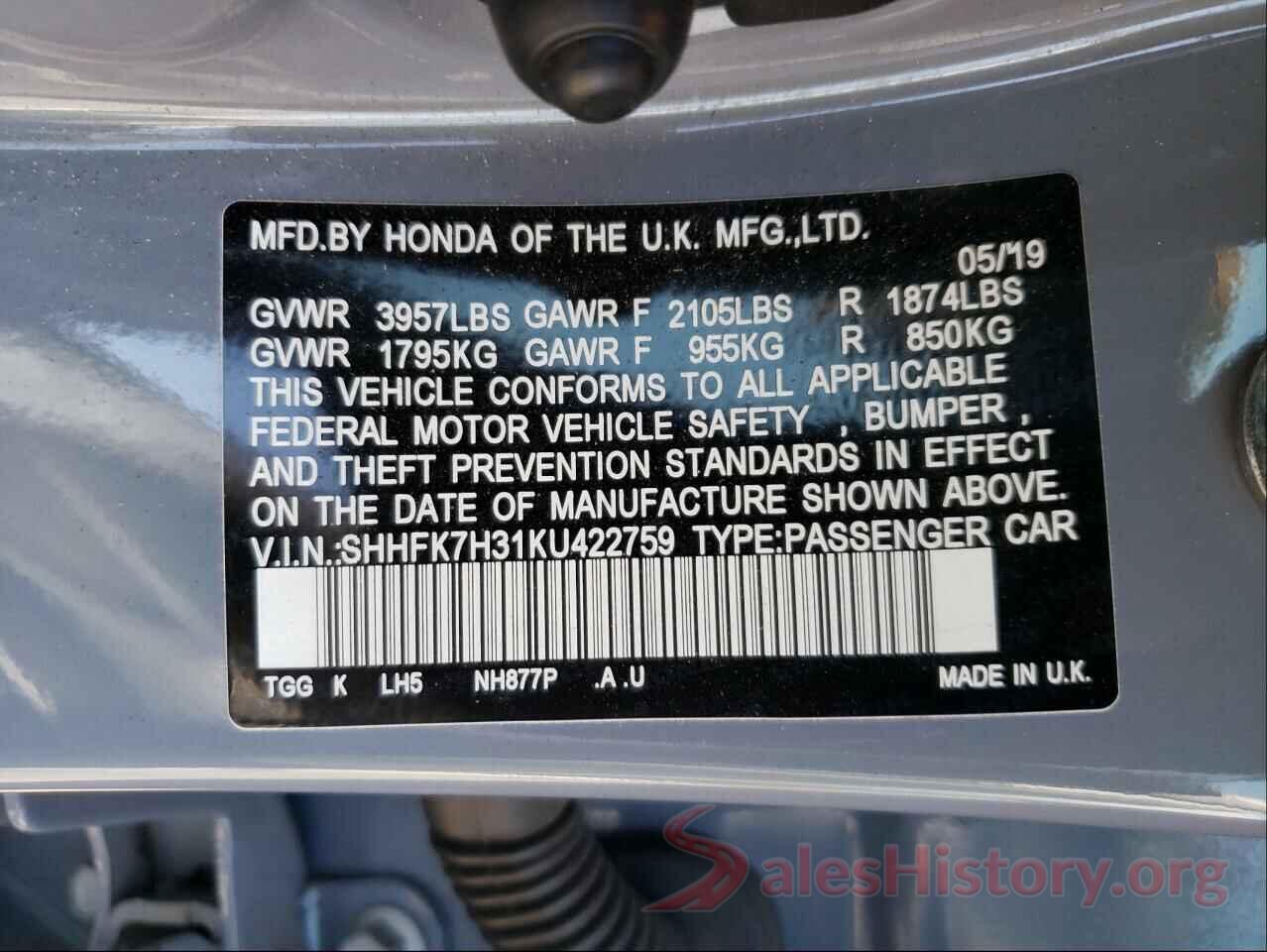 SHHFK7H31KU422759 2019 HONDA CIVIC