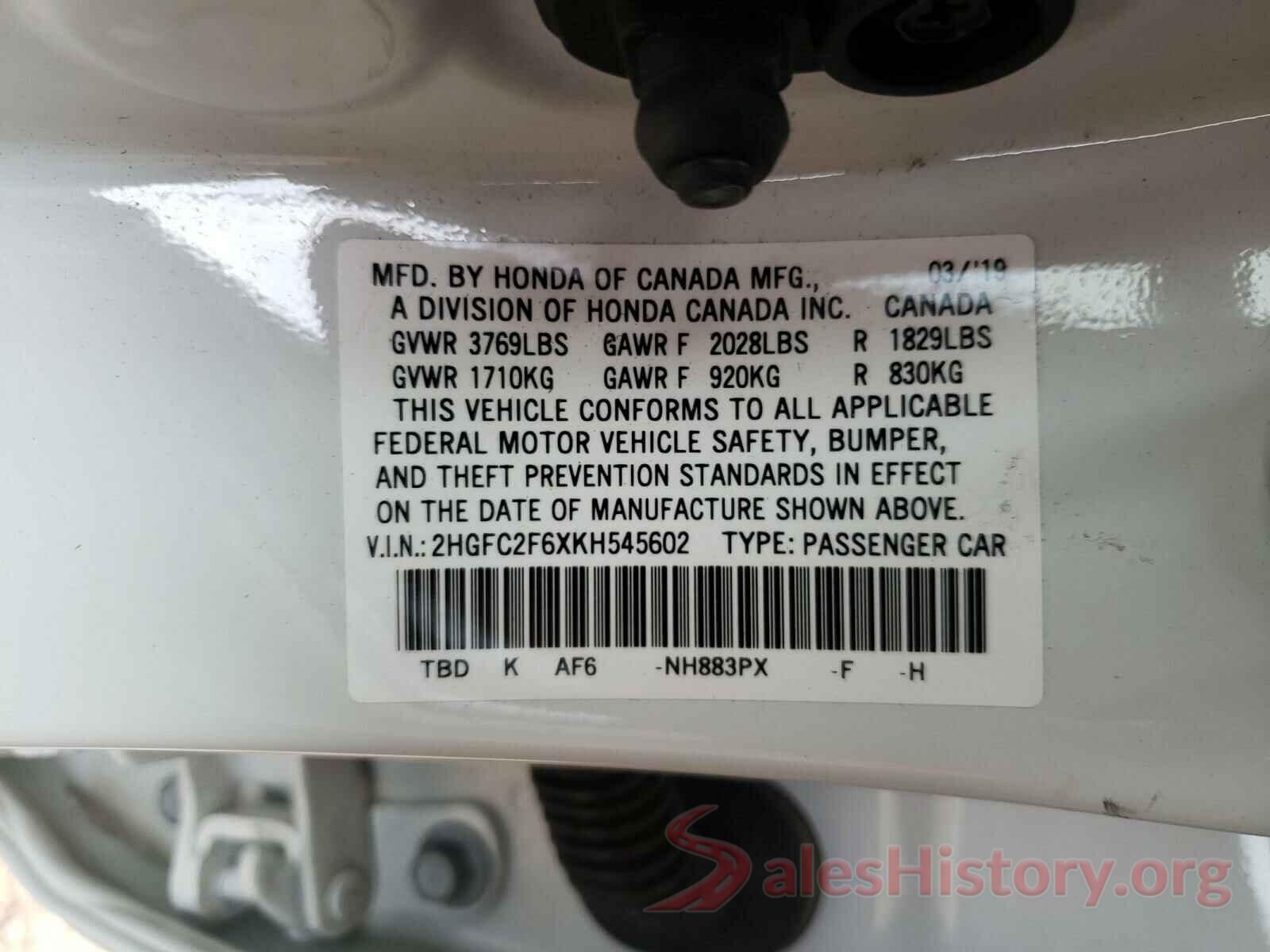 2HGFC2F6XKH545602 2019 HONDA CIVIC