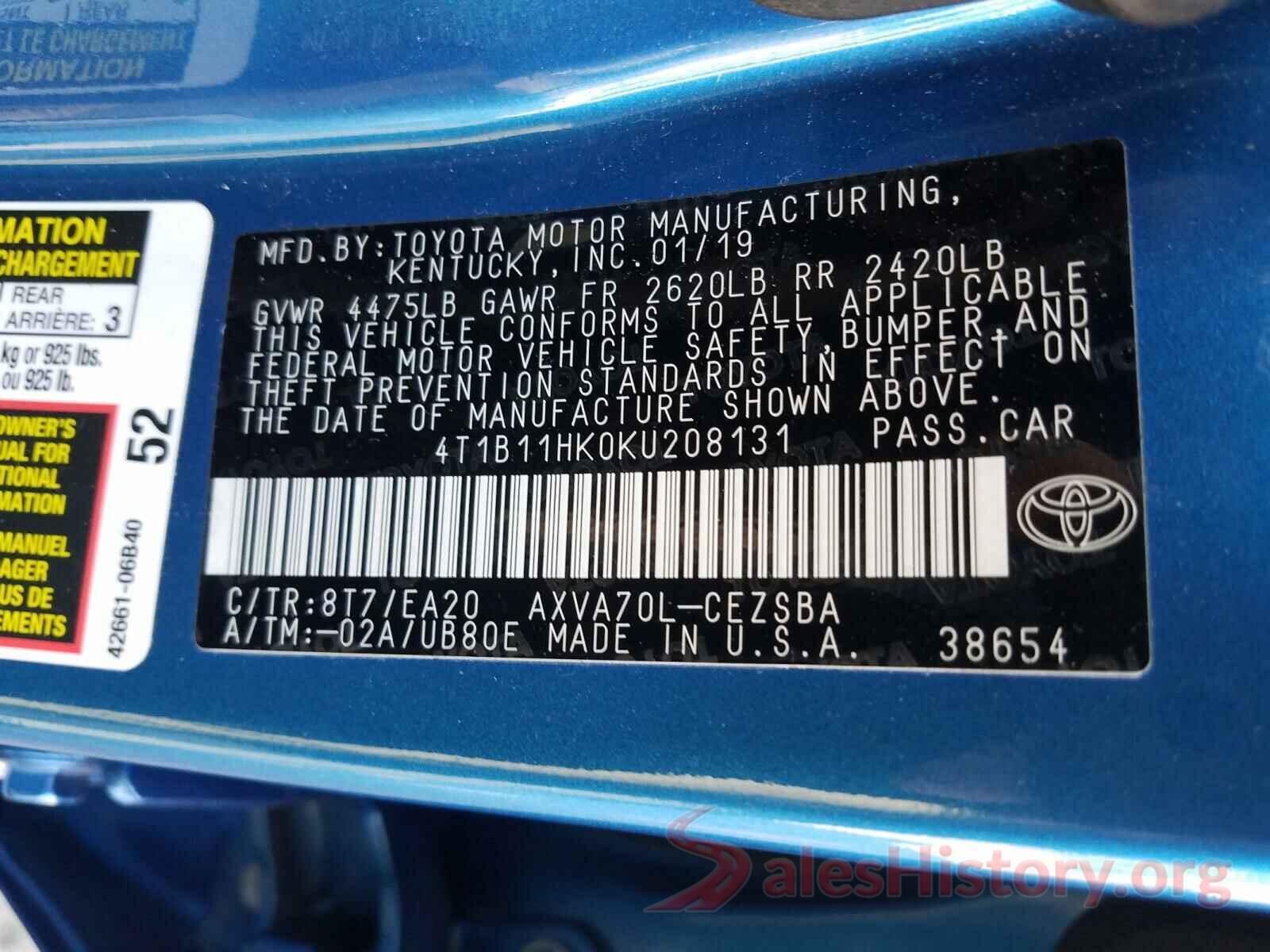 4T1B11HK0KU208131 2019 TOYOTA CAMRY