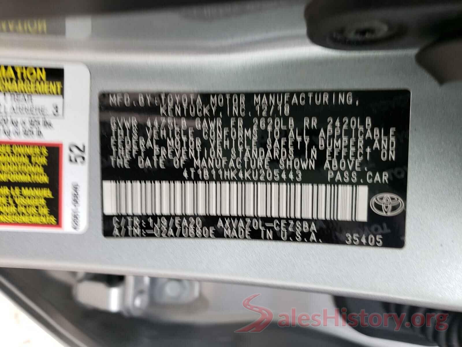 4T1B11HK4KU205443 2019 TOYOTA CAMRY