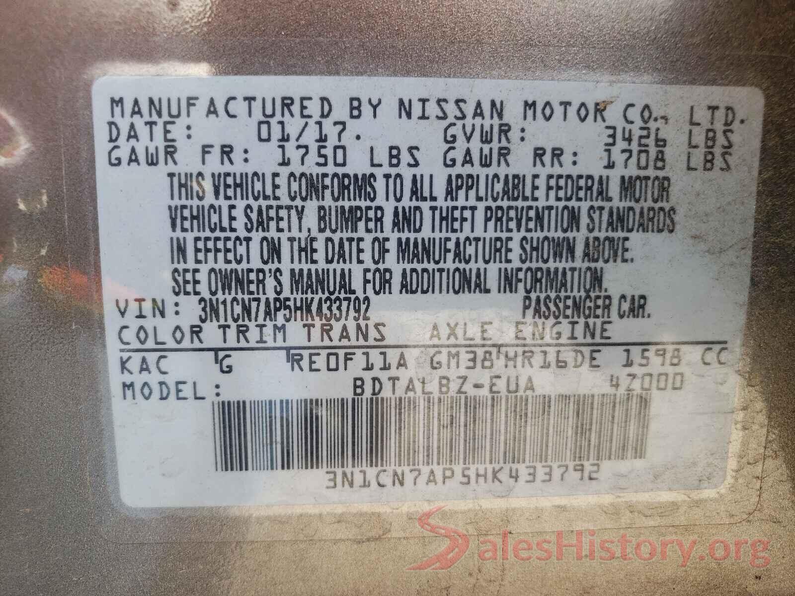 3N1CN7AP5HK433792 2017 NISSAN VERSA