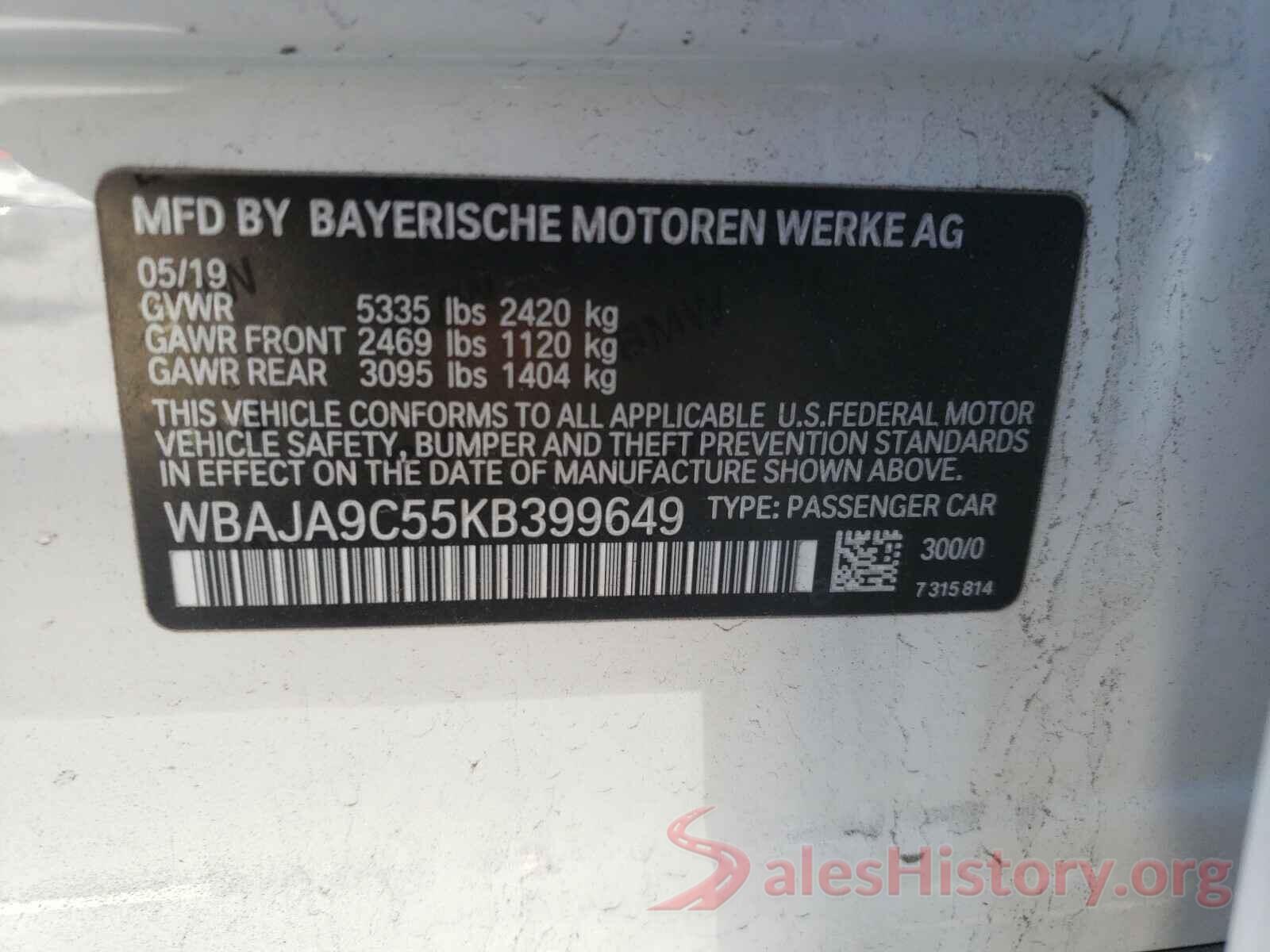 WBAJA9C55KB399649 2019 BMW 5 SERIES