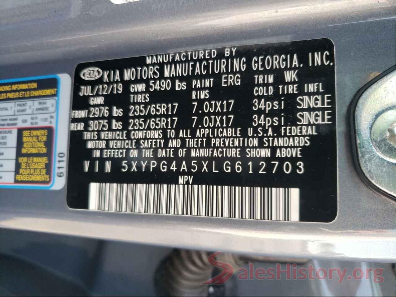 5XYPG4A5XLG612703 2020 KIA SORENTO