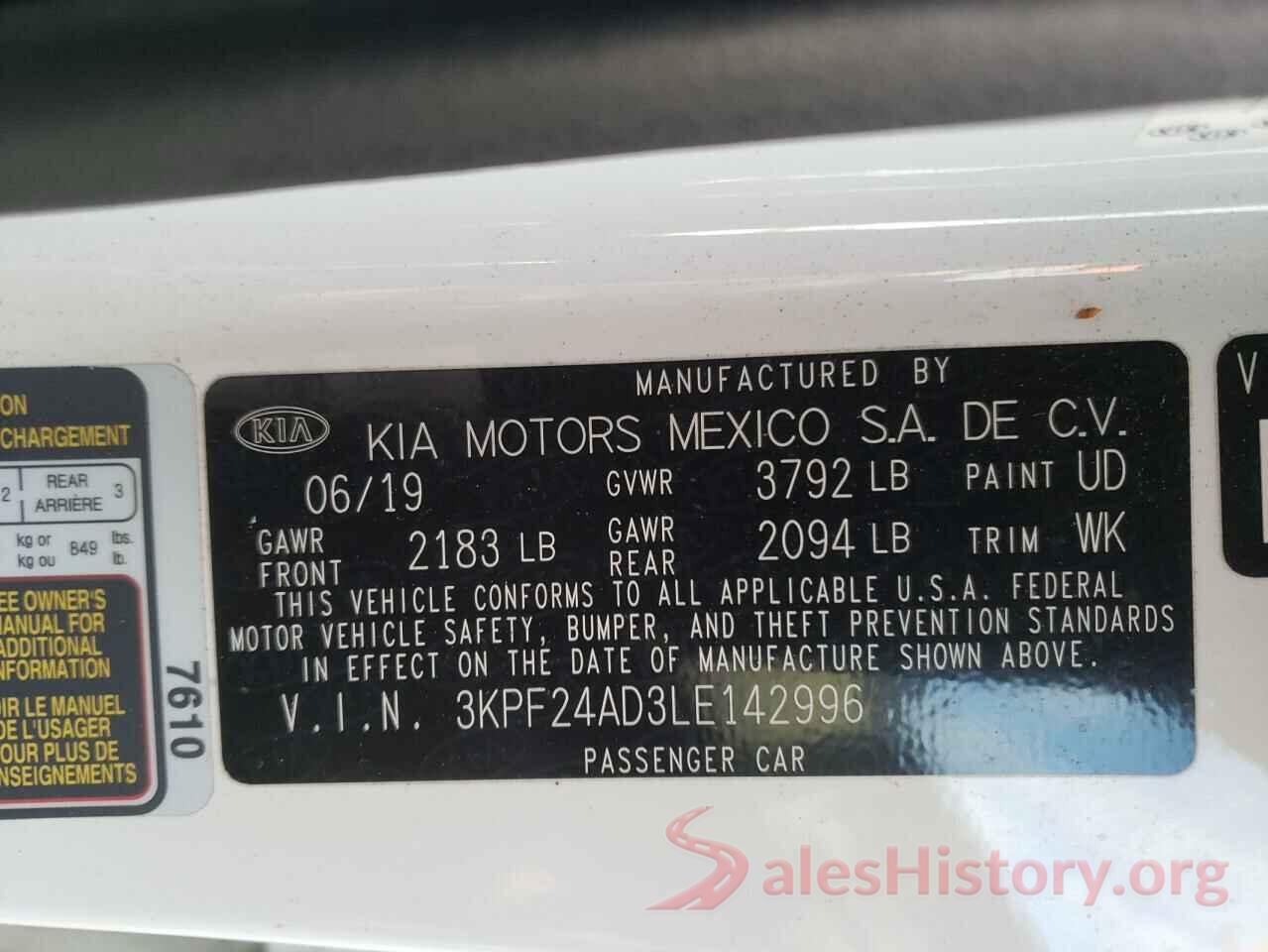 3KPF24AD3LE142996 2020 KIA FORTE