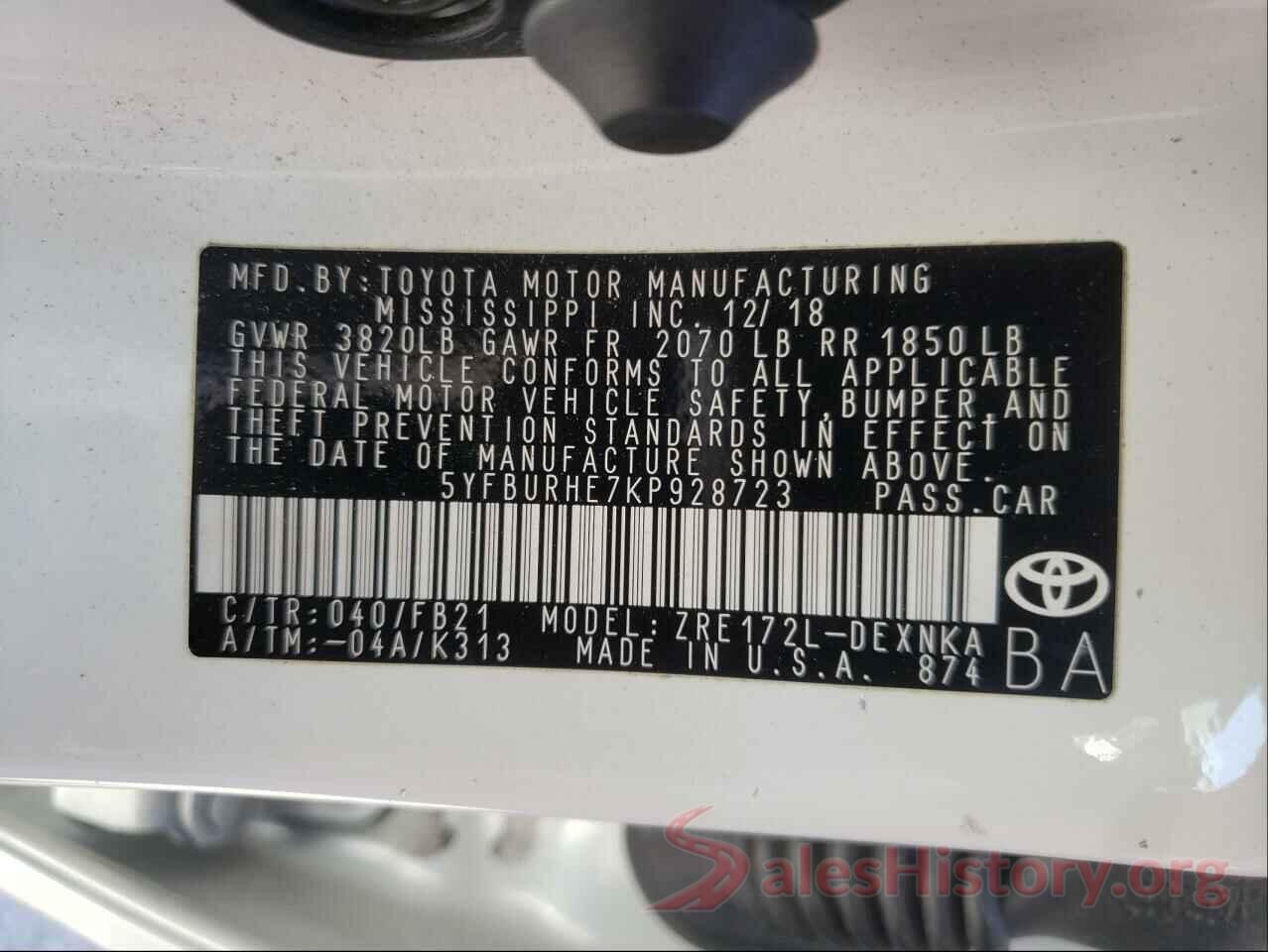 5YFBURHE7KP928723 2019 TOYOTA COROLLA