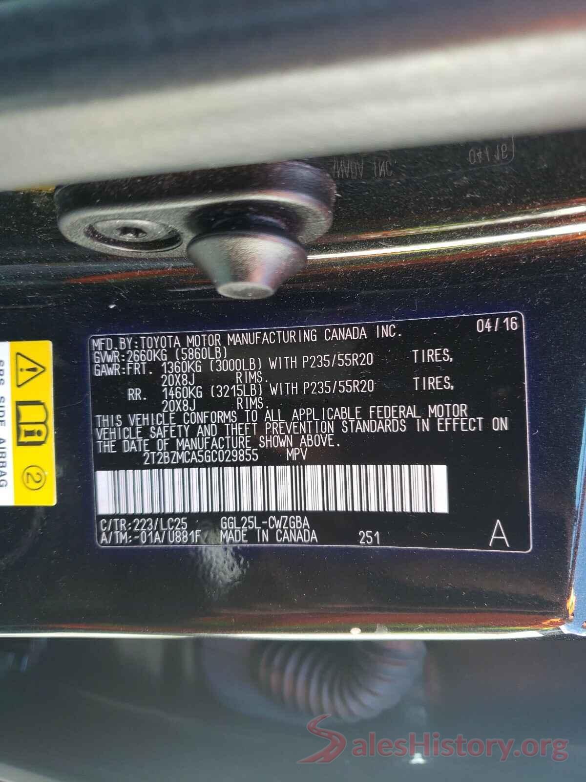 2T2BZMCA5GC029855 2016 LEXUS RX350