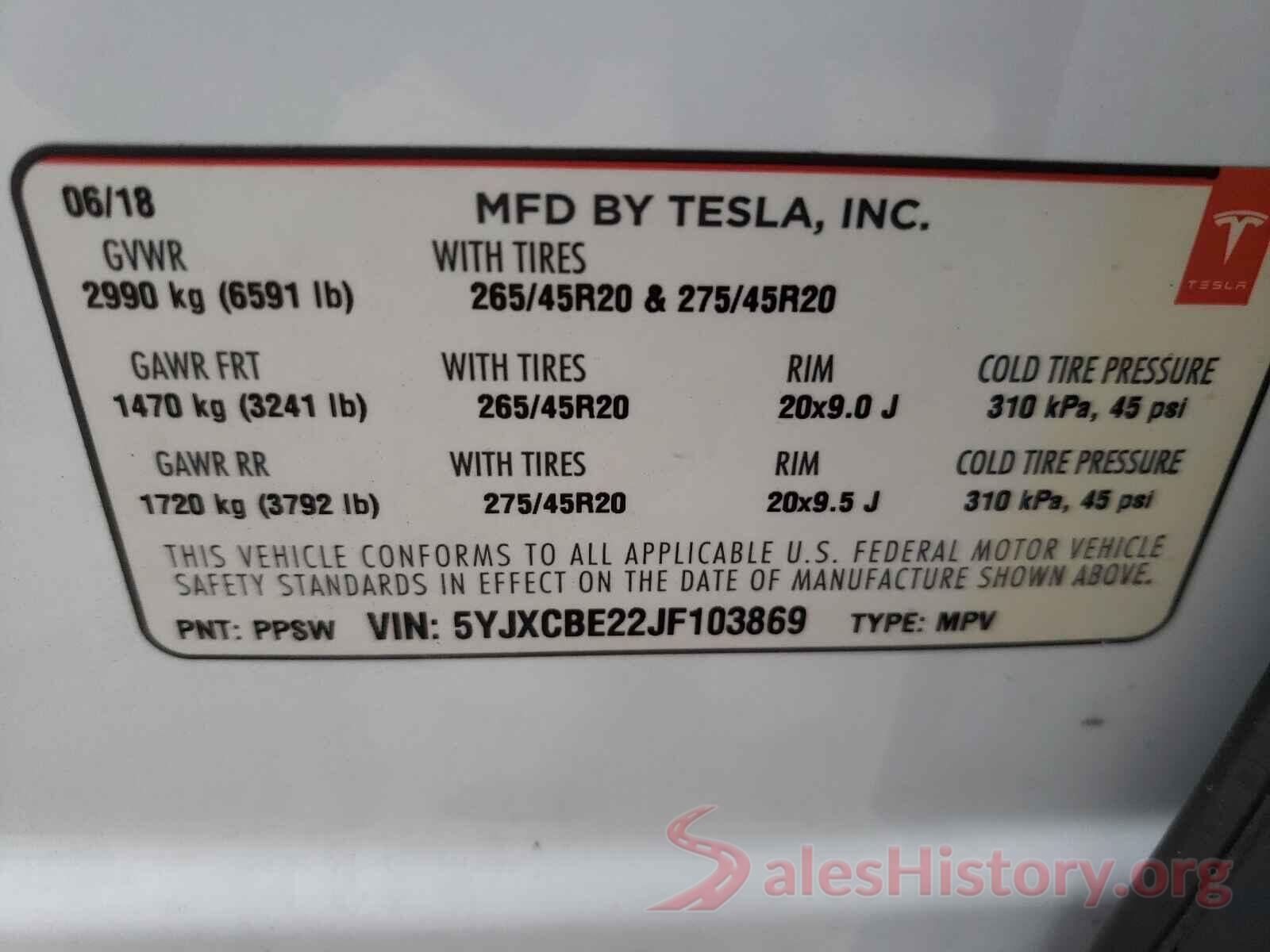 5YJXCBE22JF103869 2018 TESLA MODEL X