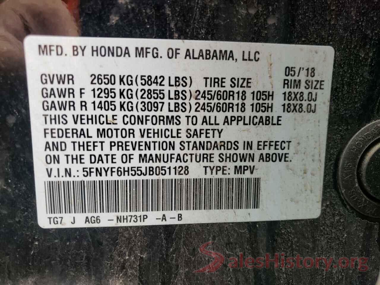 5FNYF6H55JB051128 2018 HONDA PILOT