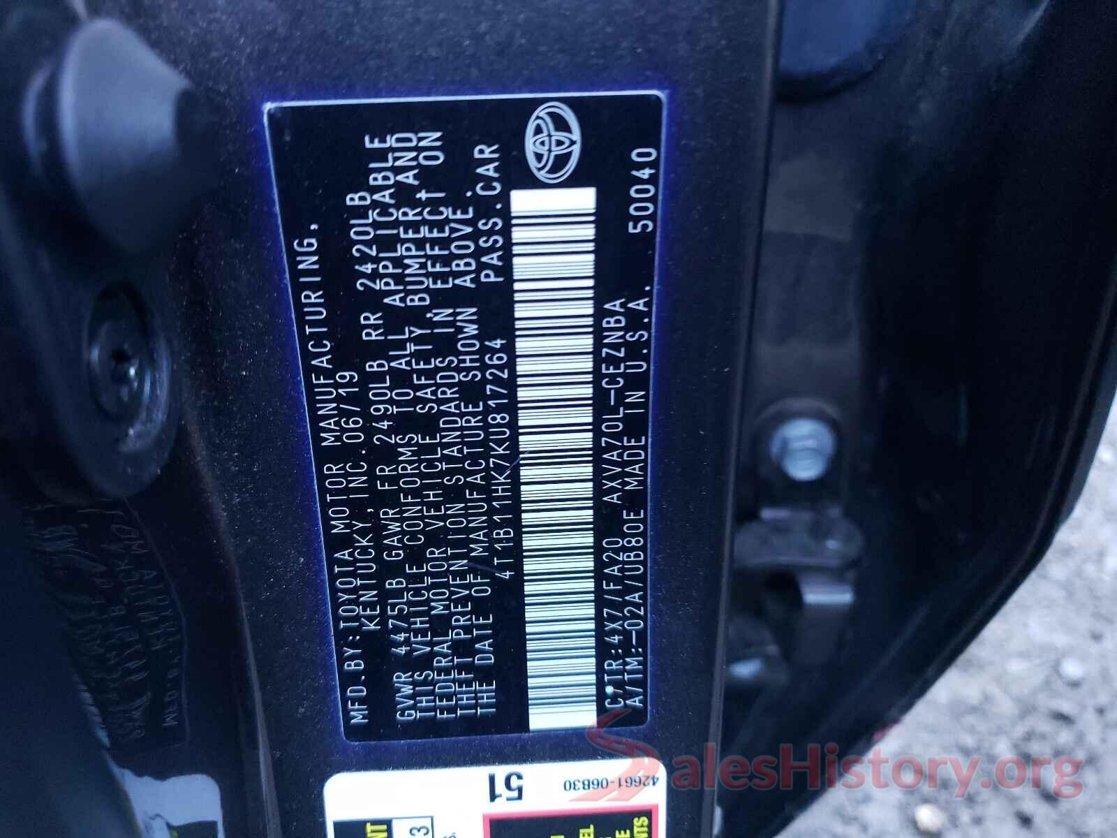 4T1B11HK7KU817264 2019 TOYOTA CAMRY