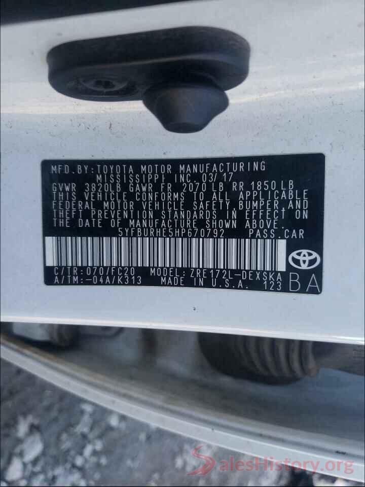 5YFBURHE5HP670792 2017 TOYOTA COROLLA