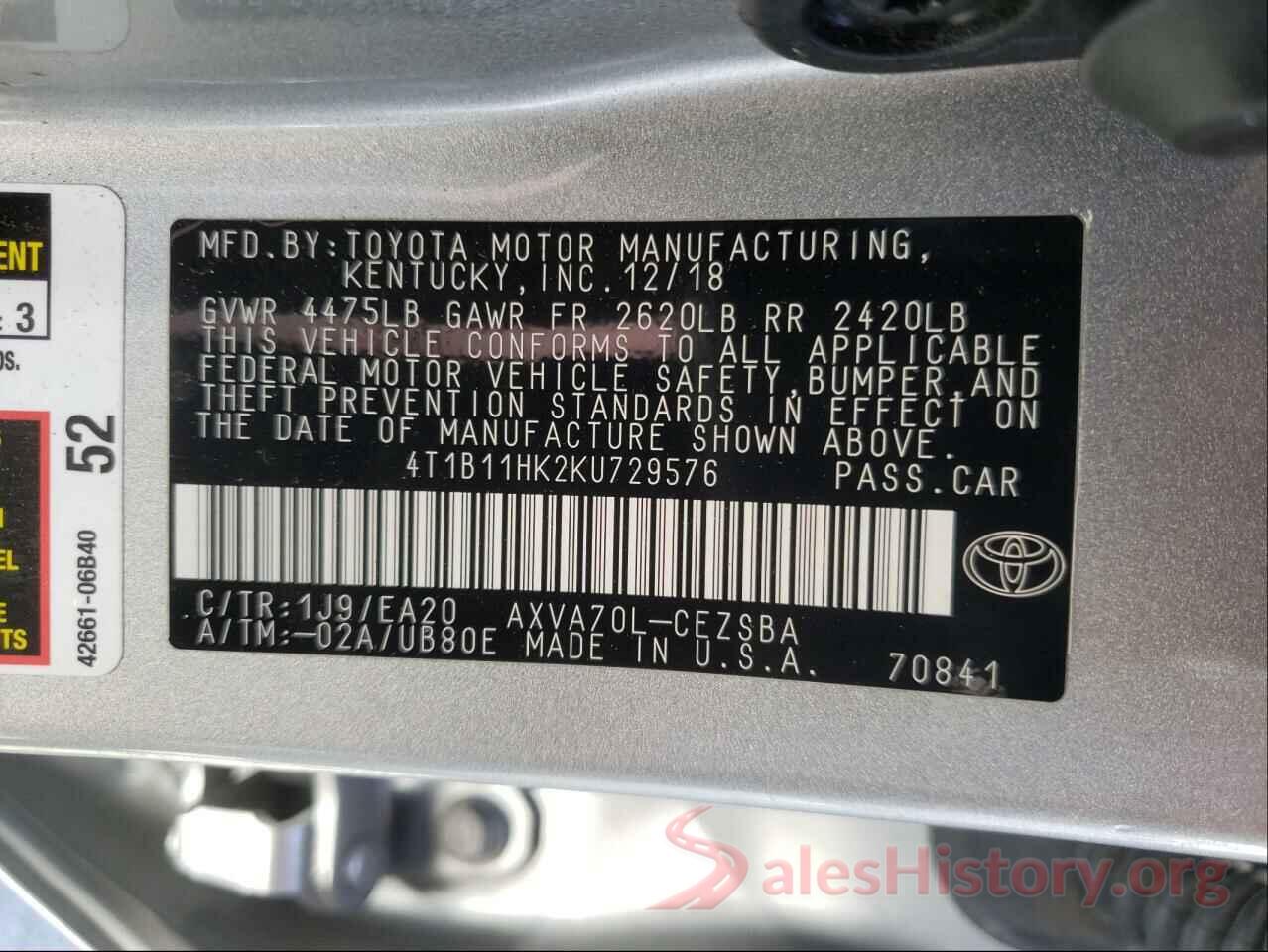 4T1B11HK2KU729576 2019 TOYOTA CAMRY