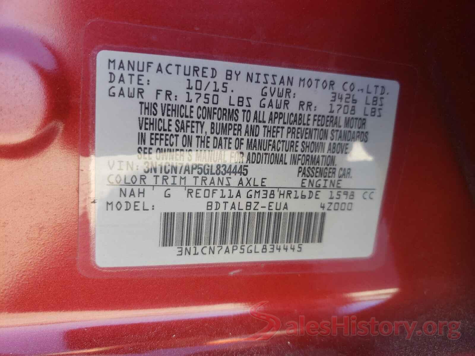 3N1CN7AP5GL834445 2016 NISSAN VERSA