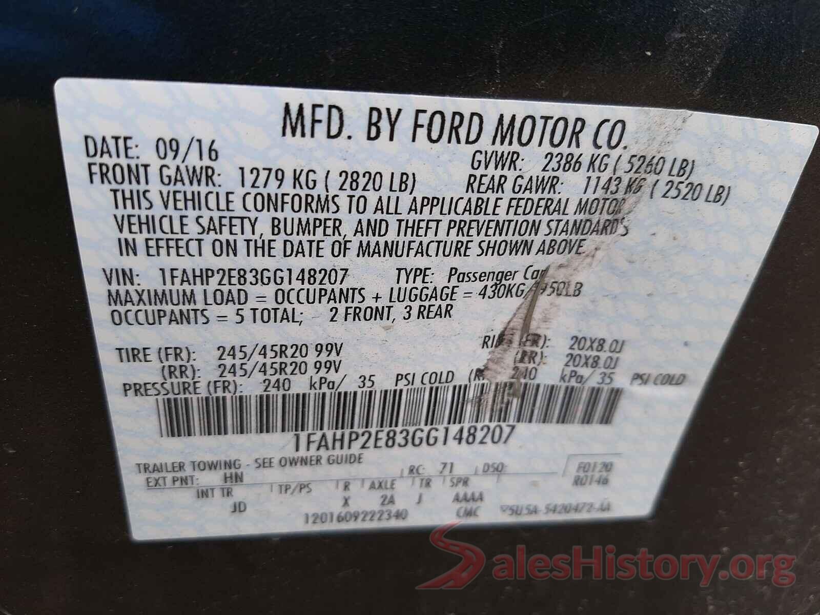 1FAHP2E83GG148207 2016 FORD TAURUS