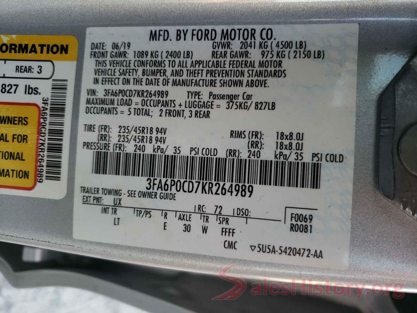 3FA6P0CD7KR264989 2019 FORD FUSION