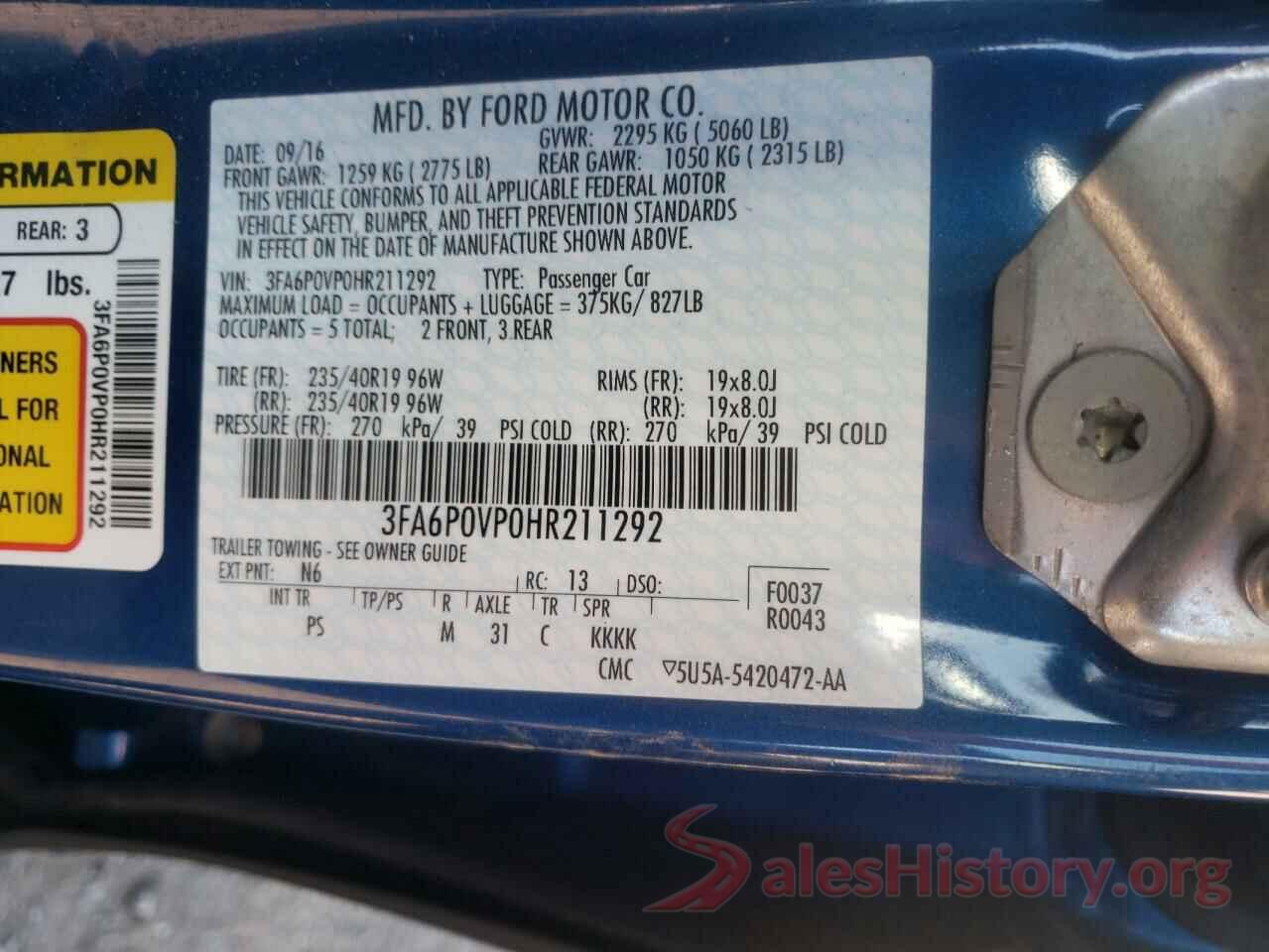 3FA6P0VP0HR211292 2017 FORD FUSION