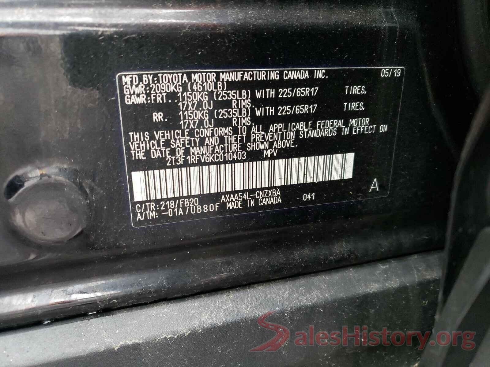 2T3F1RFV6KC010403 2019 TOYOTA RAV4